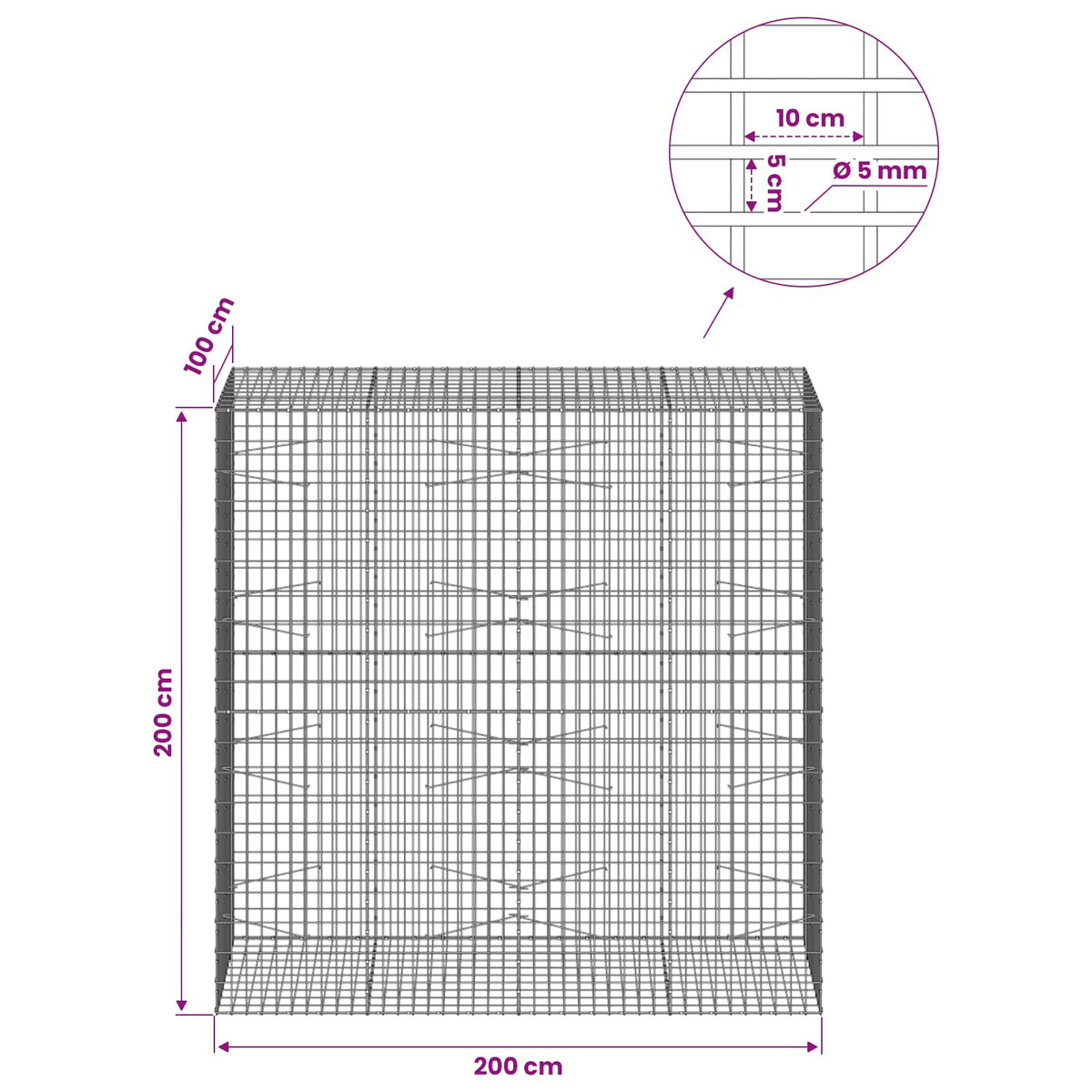 Gabionas su 5 mm viela ir 5x10 cm tinkleliu 200x100x200 cm