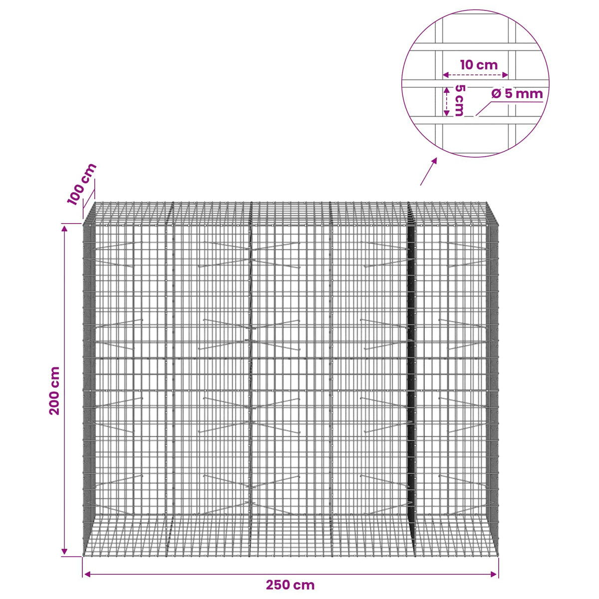 Gabionas su 5 mm viela ir 5x10 cm tinkleliu 250x100x200 cm