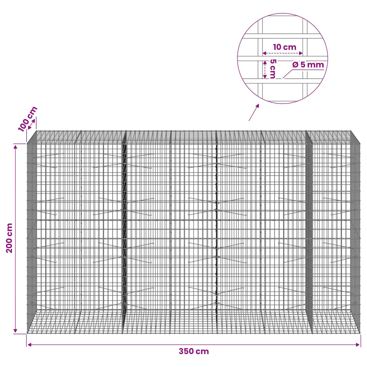 Gabionas su 5 mm viela ir 5x10 cm tinkleliu 350x100x200 cm