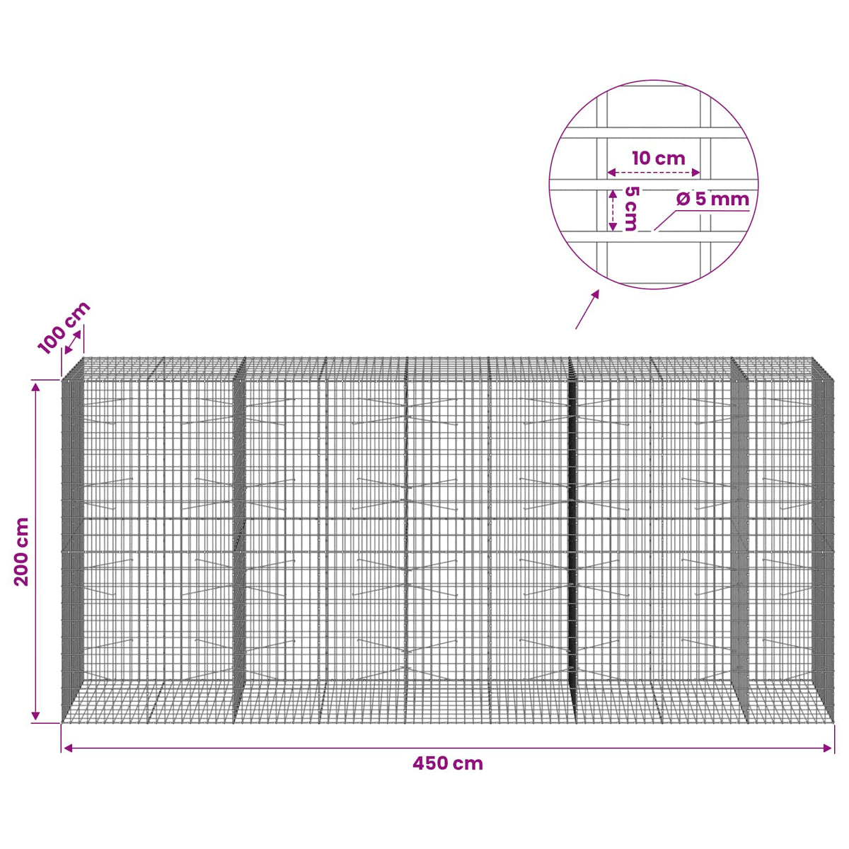 Gabionas su 5 mm viela ir 5x10 cm tinkleliu 450x100x200 cm