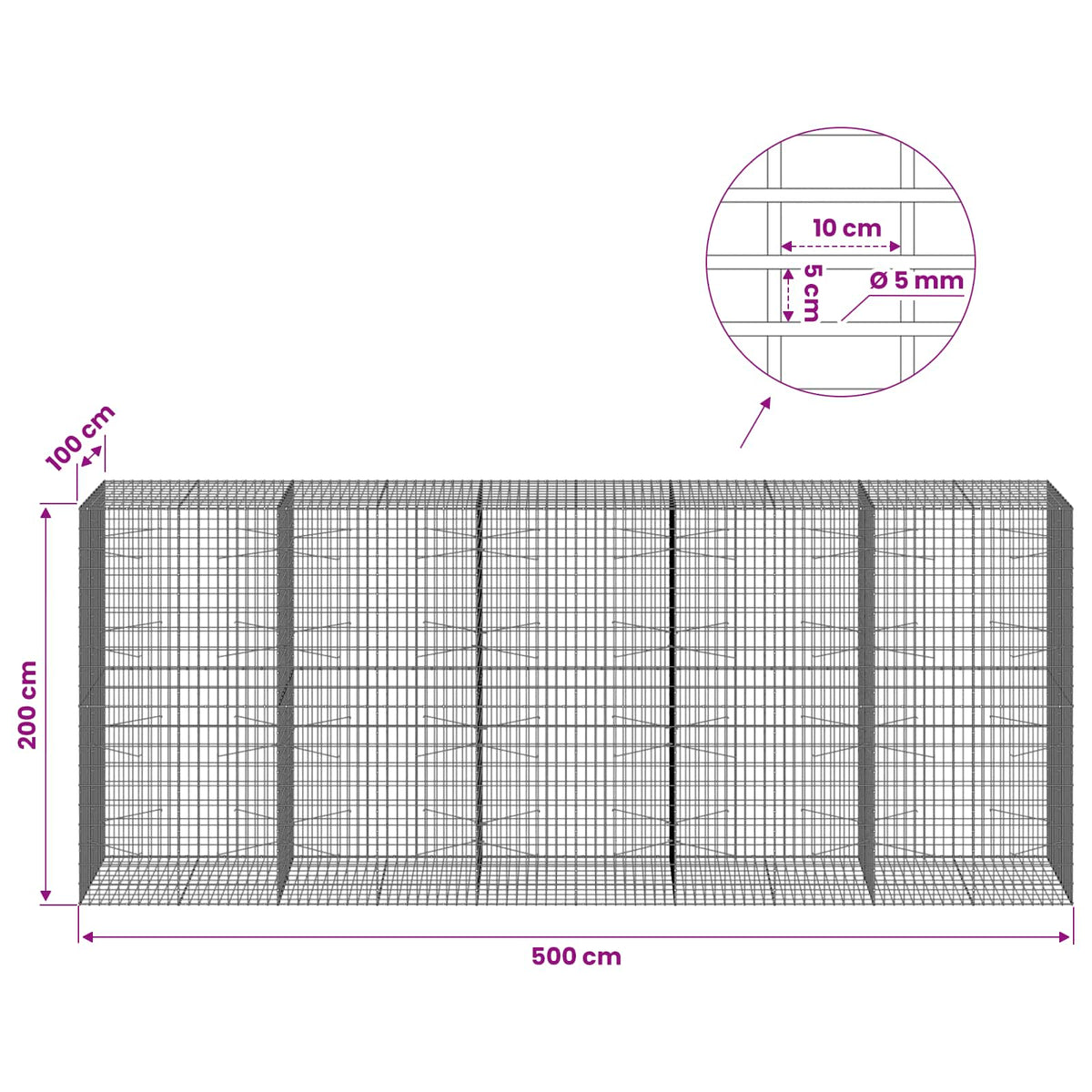 Gabionas su 5 mm Viela ir 5x10 cm Tinkleliu 500x100x200 cm