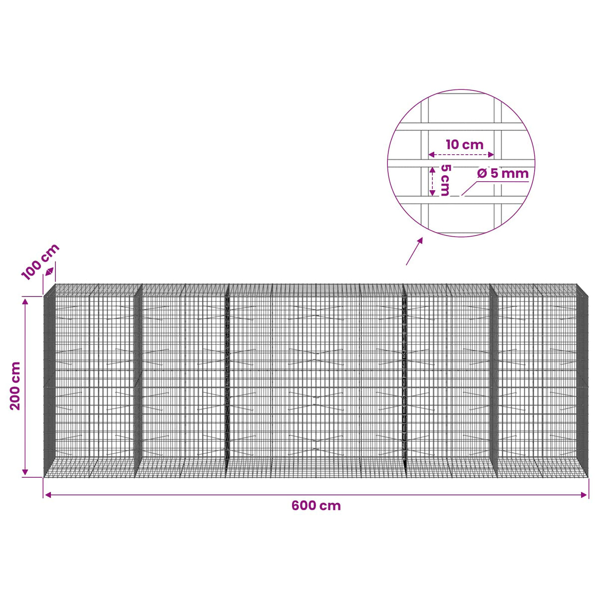 Gabionas su 5 mm viela ir 5x10 cm tinkleliu 600x100x200 cm