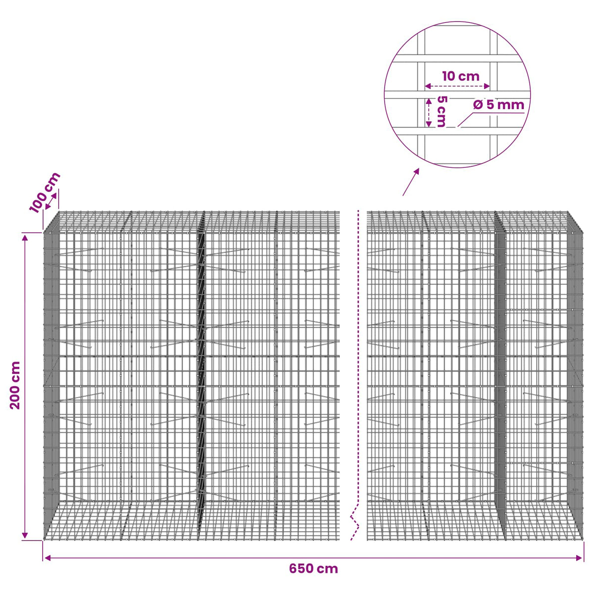 Gabionas su 5 mm viela ir 5x10 cm tinkleliu 650x100x200 cm