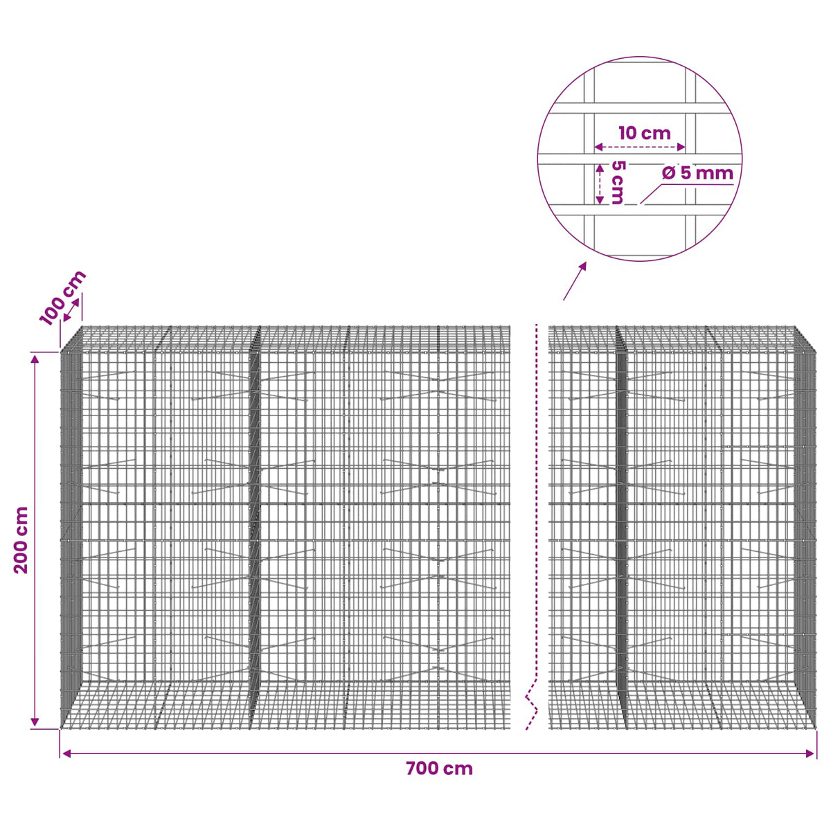 Gabionas su 5 mm viela ir 5x10 cm tinkleliu 700x100x200 cm