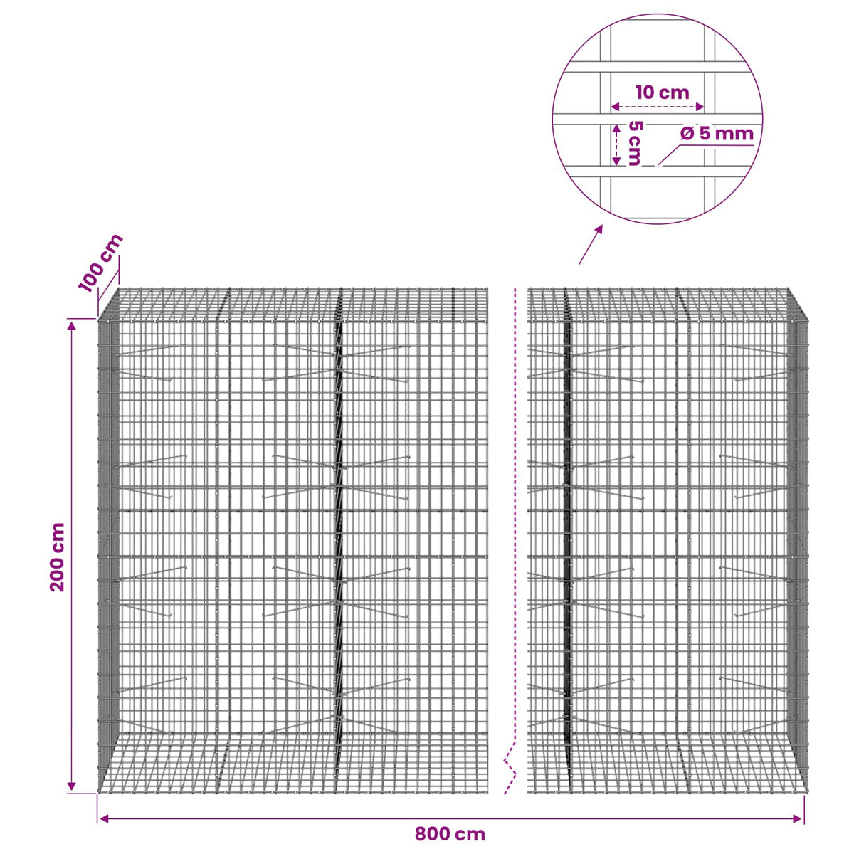 Gabionas su 5 mm Viela ir 5x10 cm Tinkleliu 800x100x200 cm