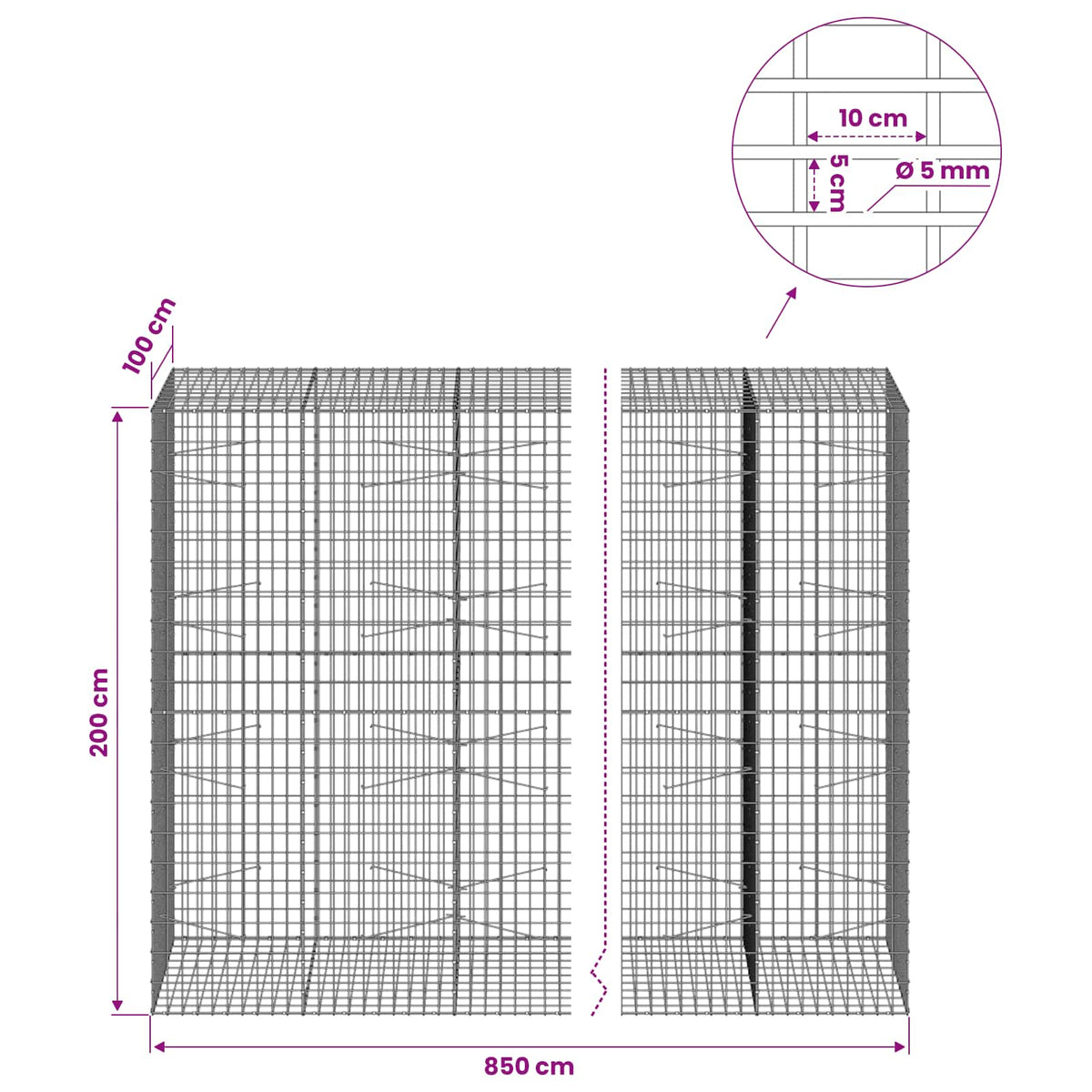 Gabionas su 5 mm Viela ir 5x10 cm Tinkleliu 850x100x200 cm
