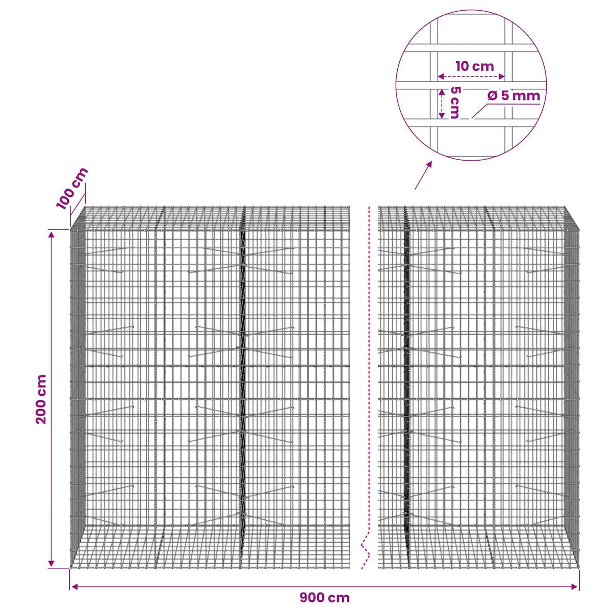 Gabionas su 5 mm Viela ir 5x10 cm Tinkleliu 900x100x200 cm