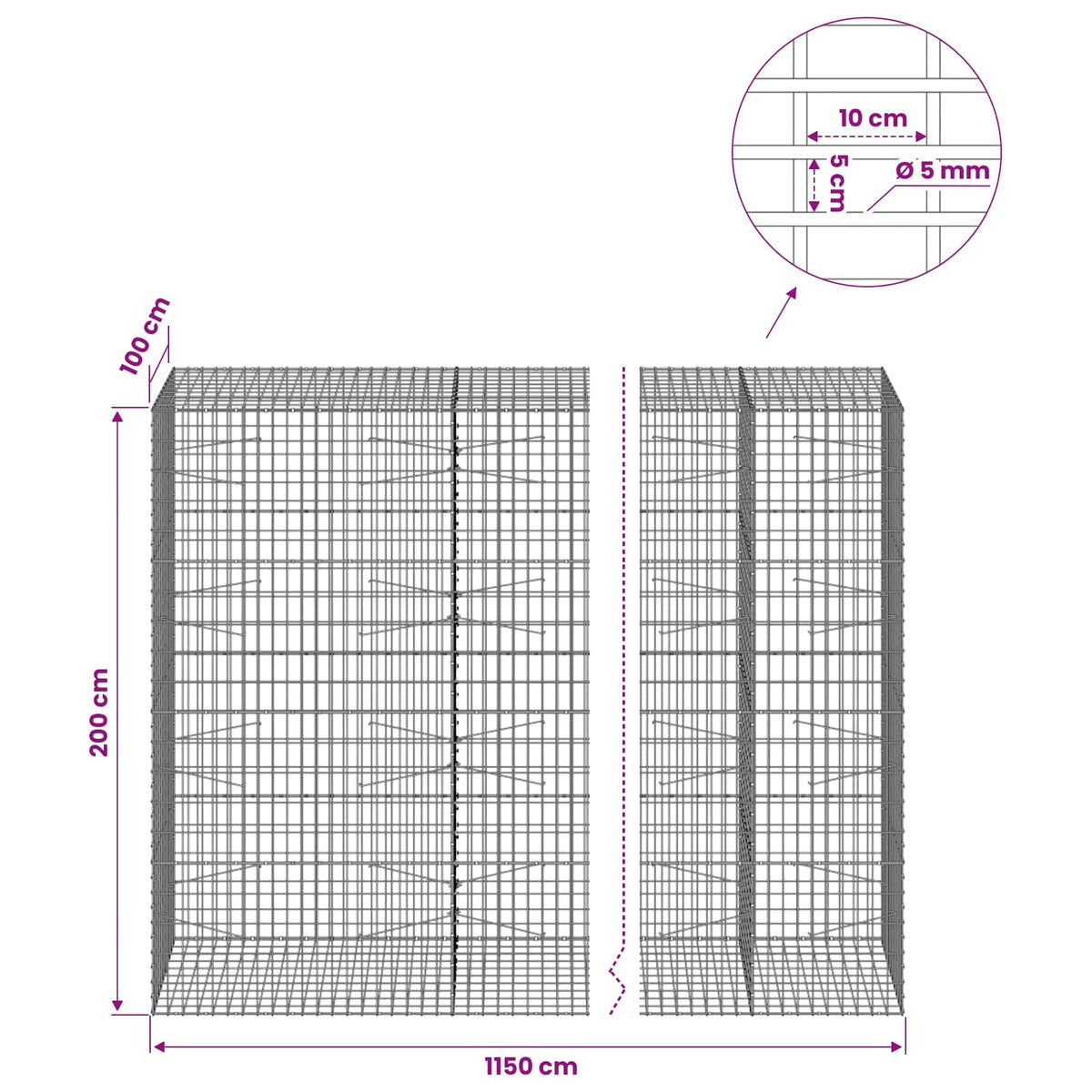 Gabionas su 5 mm viela ir 5x10 cm tinkleliu 1150x100x200 cm