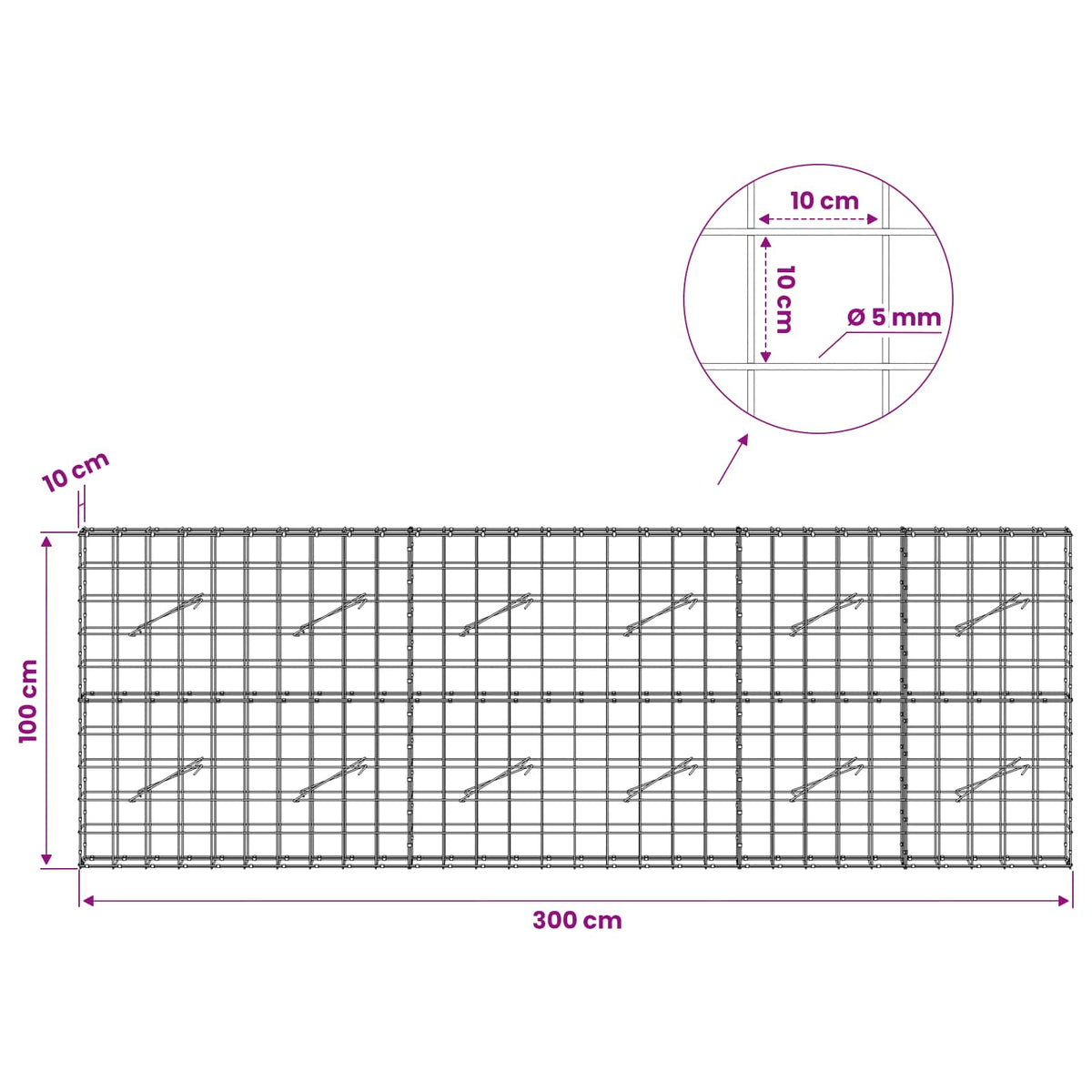Gabionas su 5 mm viela ir 10x10 cm tinkleliu 300x10x100 cm