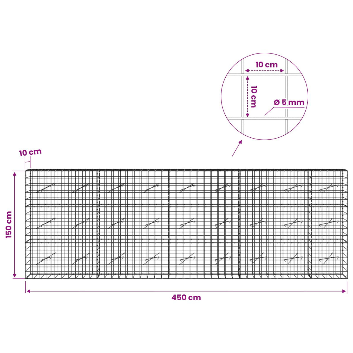 Gabionas su 5 mm viela ir 10x10 cm tinkleliu 450x10x150 cm