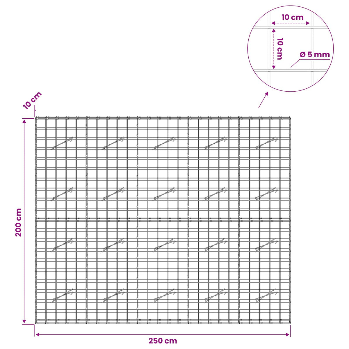 Gabionas su 5 mm viela ir 10x10 cm tinkleliu 250x10x200 cm