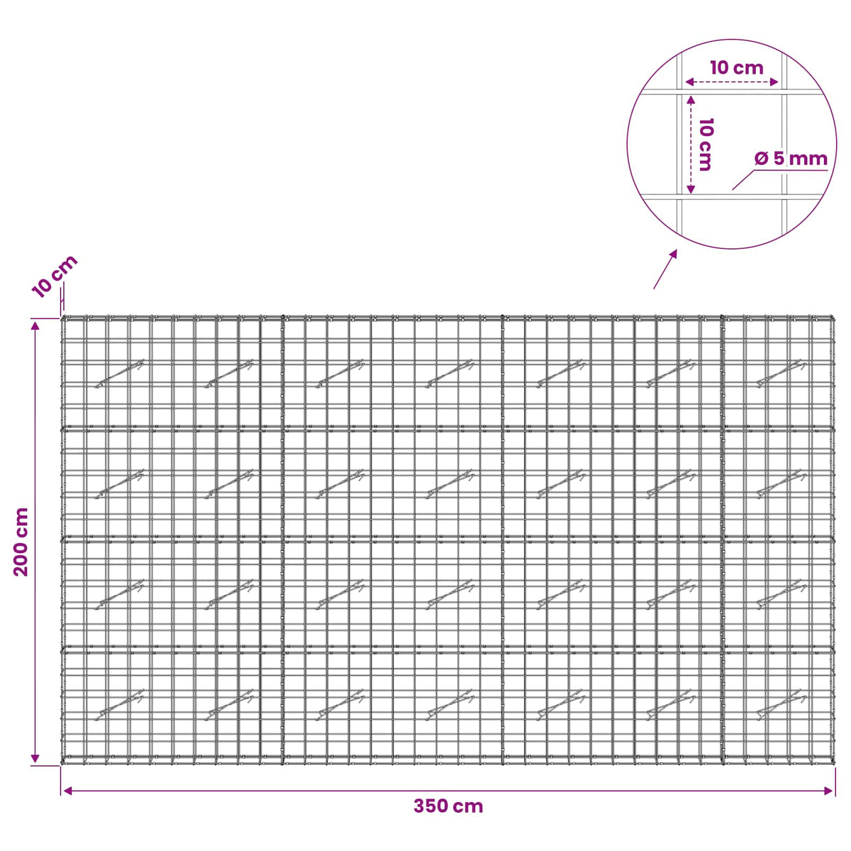 Gabionas su 5 mm viela ir 10x10 cm tinkleliu 350x10x200 cm