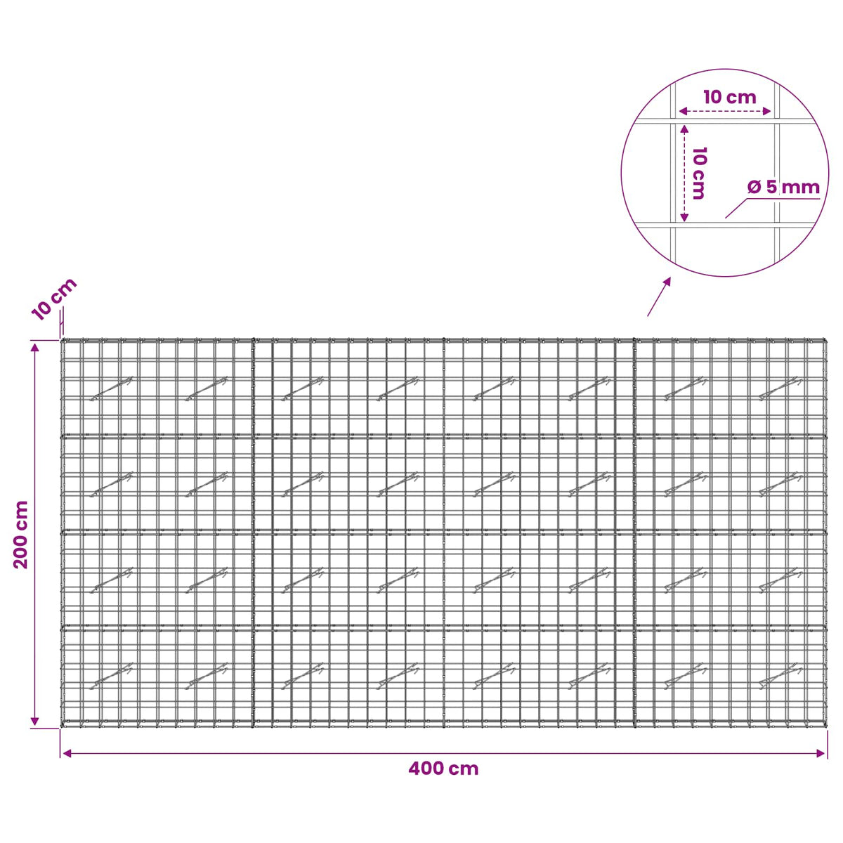 Gabionas su 5 mm viela ir 10x10 cm tinkleliu 400x10x200 cm