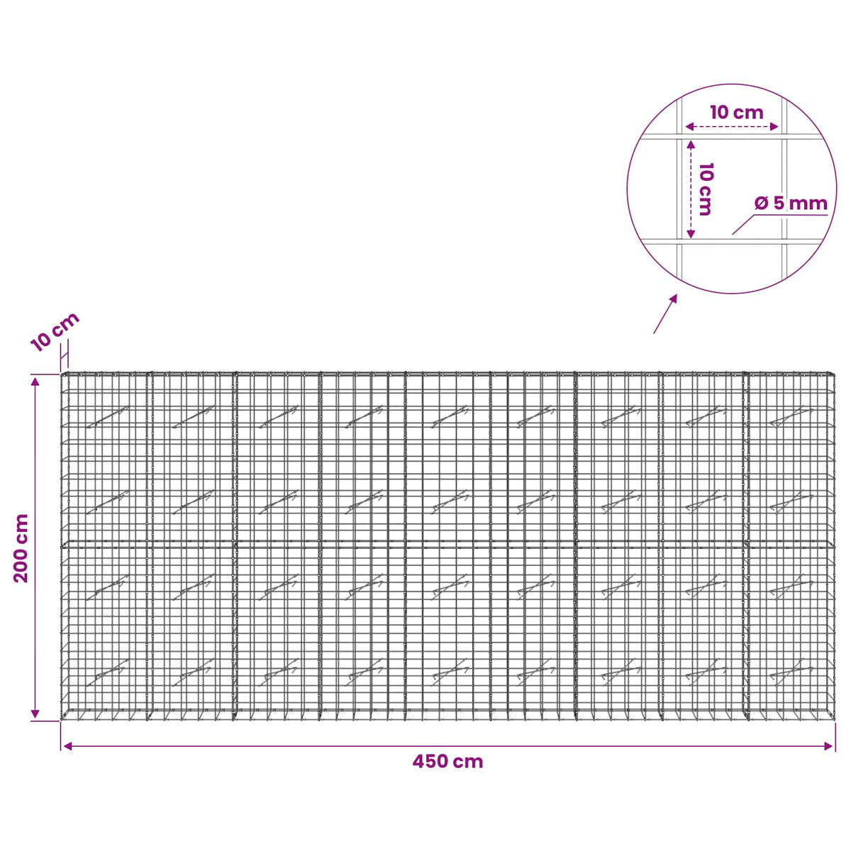 Gabionas su 5 mm viela ir 10x10 cm tinkleliu 450x10x200 cm