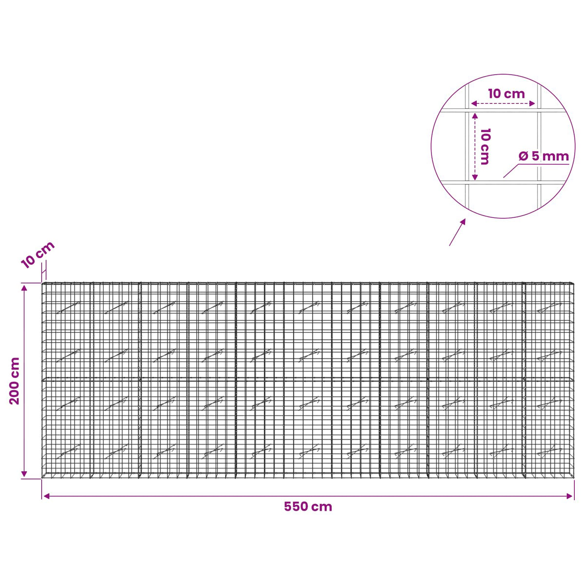 Gabionas su 5 mm viela ir 10x10 cm tinkleliu 550x10x200 cm