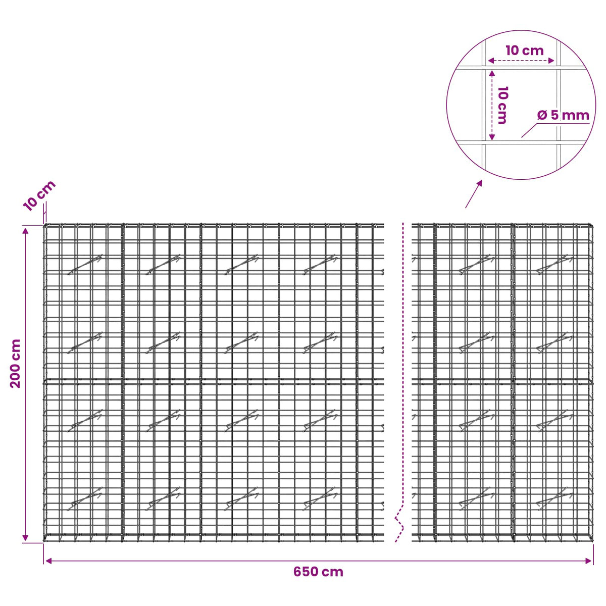 Gabionas su 5 mm viela ir 10x10 cm tinkleliu 650x10x200 cm