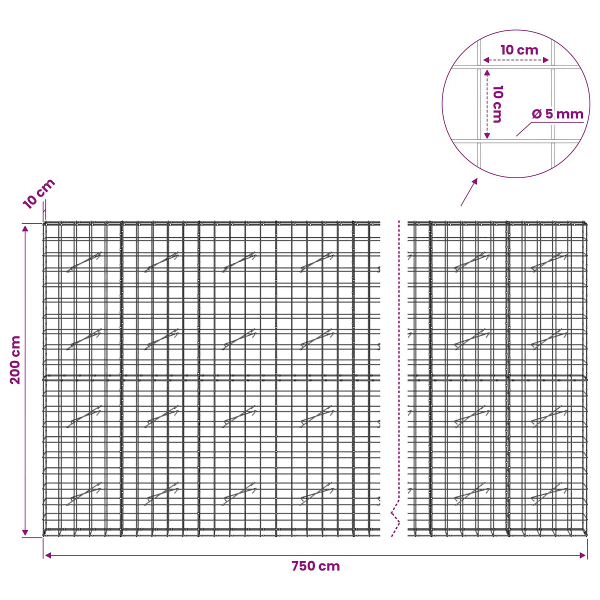 Gabionas su 5 mm viela ir 10x10 cm tinkleliu 750x10x200 cm