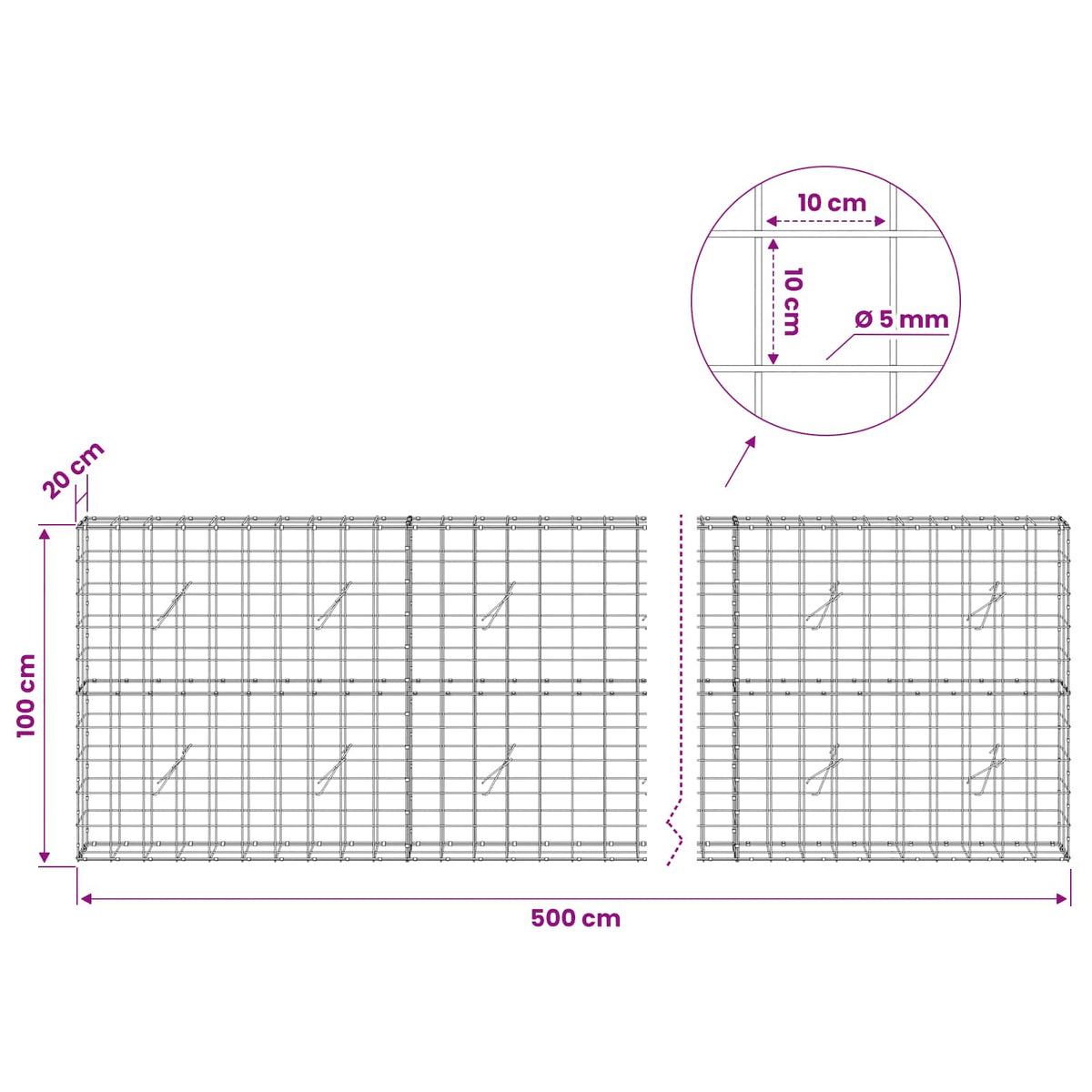 Gabionas su 5 mm viela ir 10x10 cm tinkleliu 500x20x100 cm
