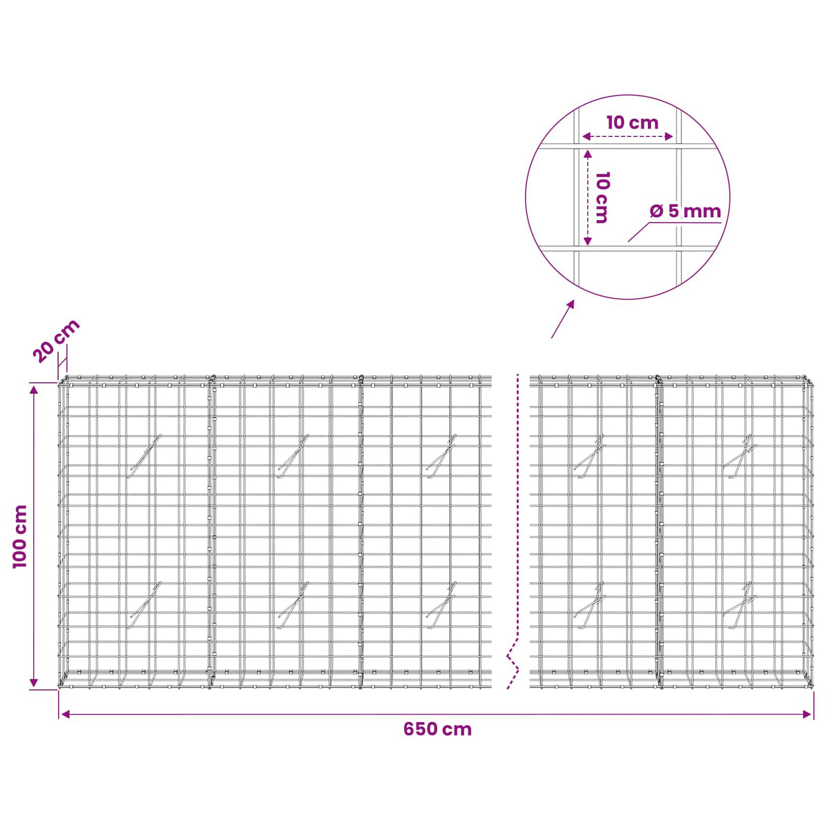 Gabionas su 5 mm viela ir 10x10 cm tinkleliu 650x20x100 cm