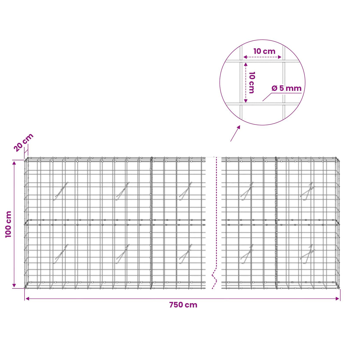 Gabionas su 5 mm viela ir 10x10 cm tinkleliu 750x20x100 cm