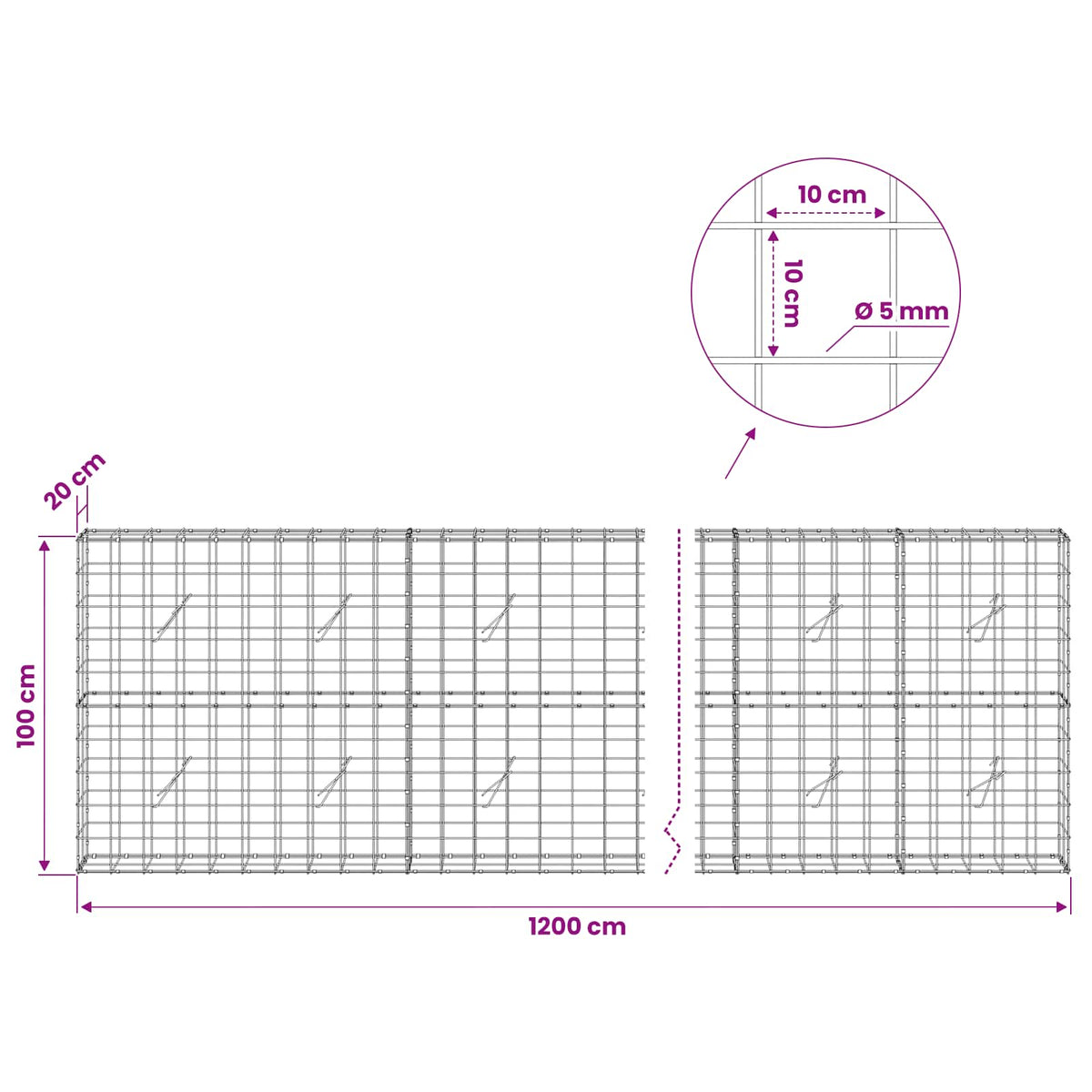 Gabionas su 5 mm viela ir 10x10 cm tinkleliu 1200x20x100 cm