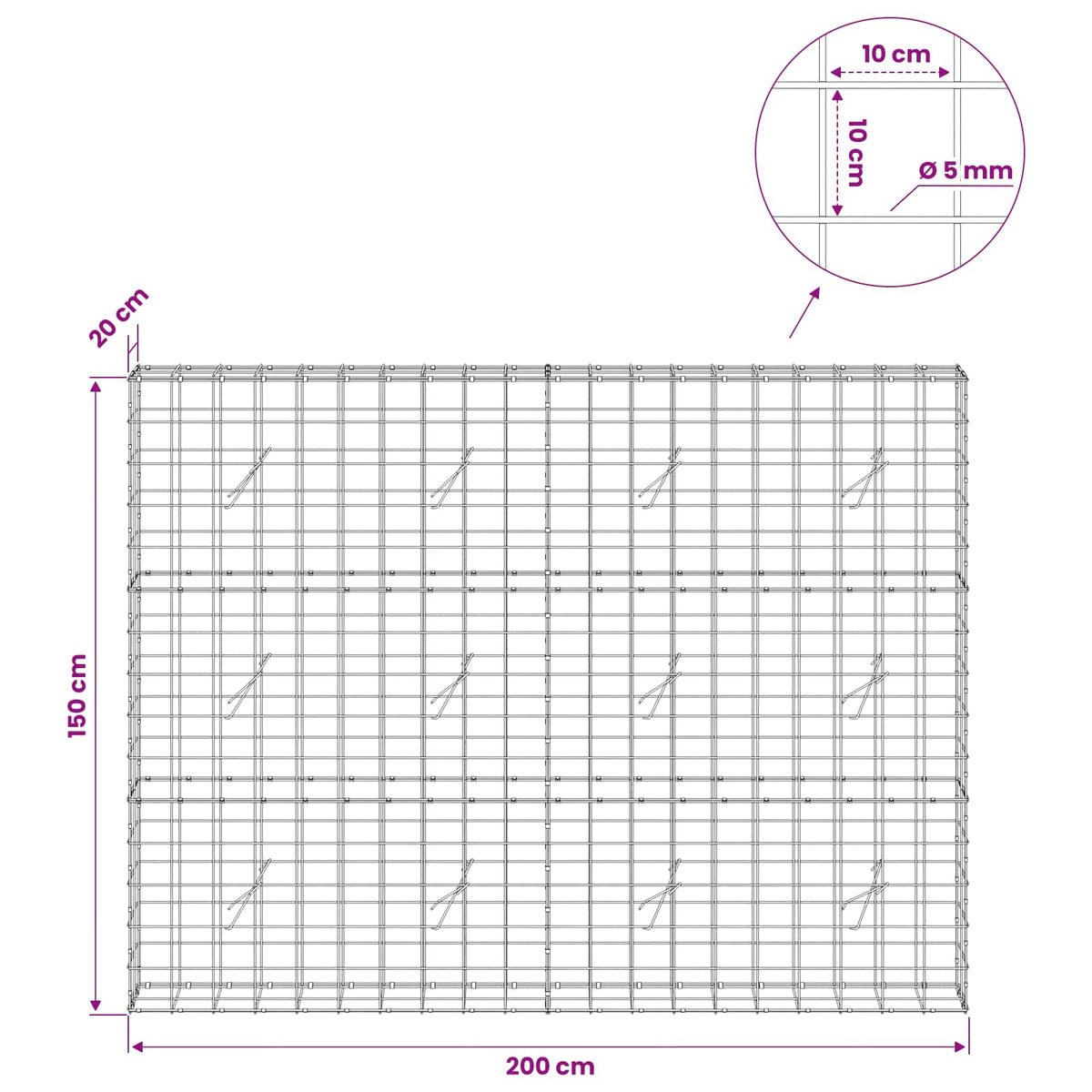 Gabionas su 5 mm viela ir 10x10 cm tinkleliu 200x20x150 cm
