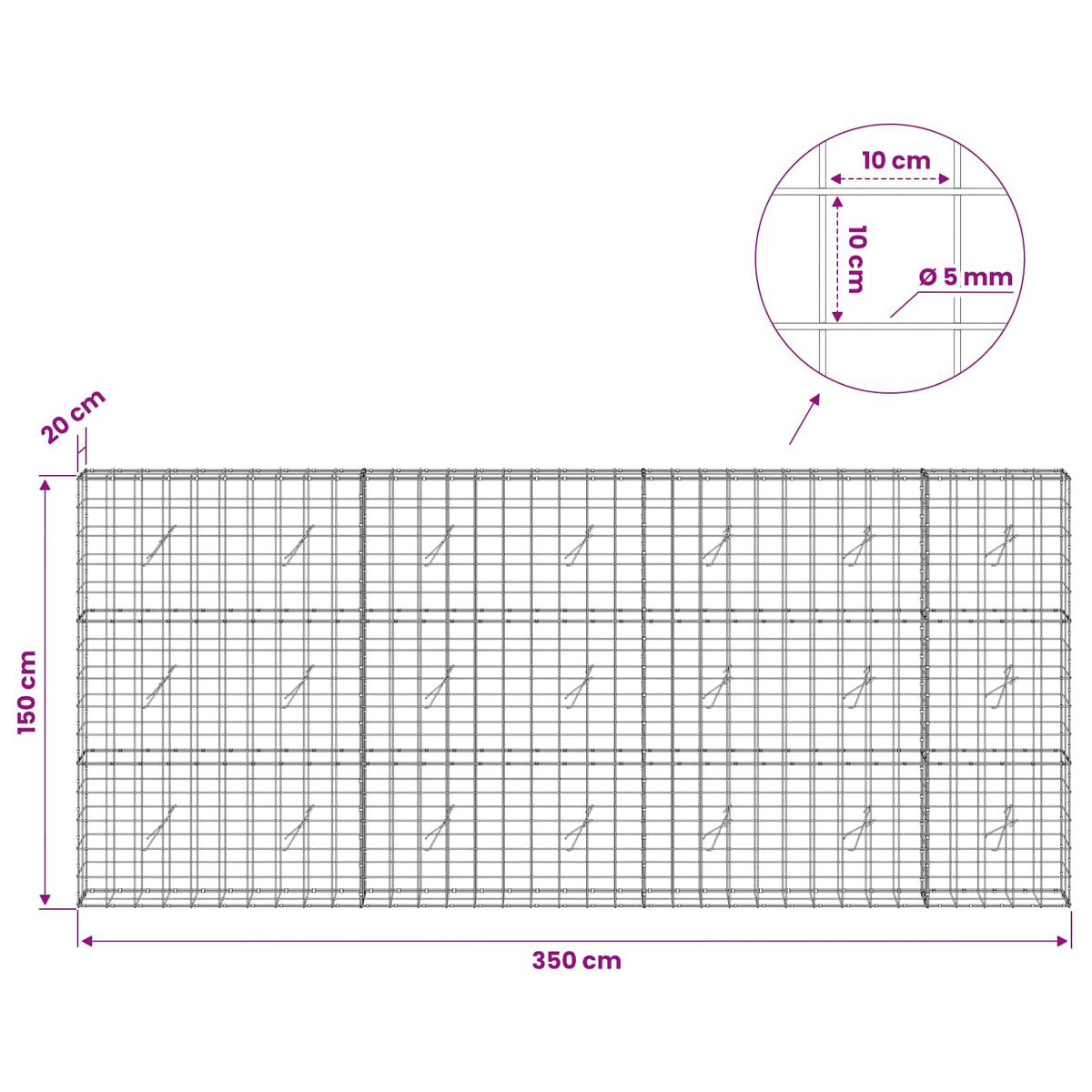 Gabionas su 5 mm viela ir 10x10 cm tinkleliu 350x20x150 cm