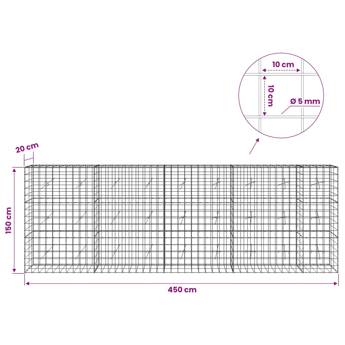 Gabionas su 5 mm viela ir 10x10 cm tinkleliu 450x20x150 cm