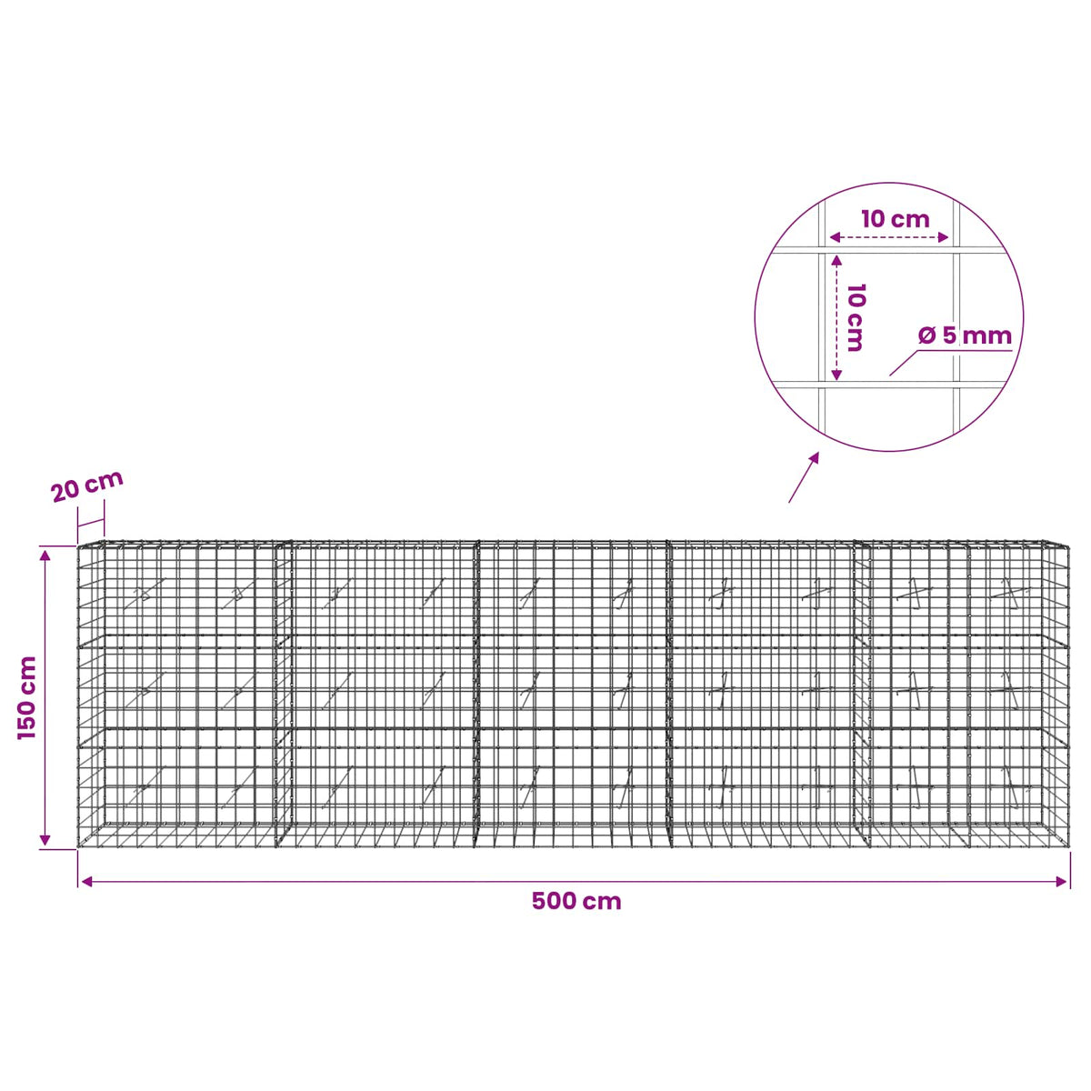 Gabionas su 5 mm viela ir 10x10 cm tinkleliu 500x20x150 cm
