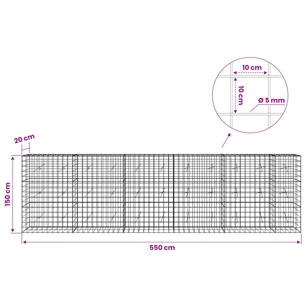 Gabionas su 5 mm viela ir 10x10 cm tinkleliu 550x20x150 cm