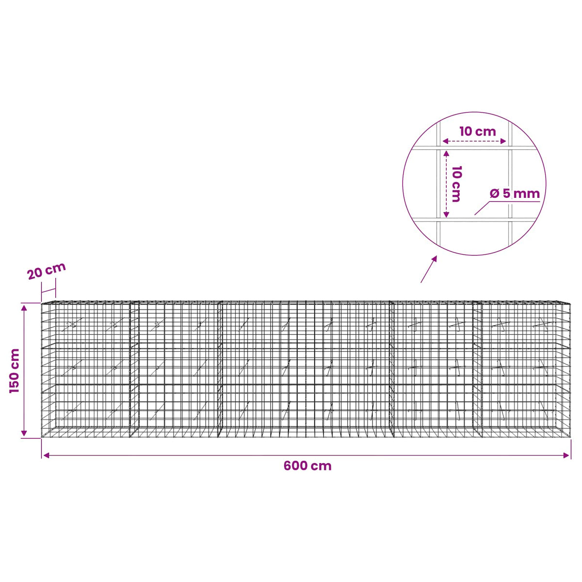 Gabionas su 5 mm viela ir 10x10 cm tinkleliu 600x20x150 cm