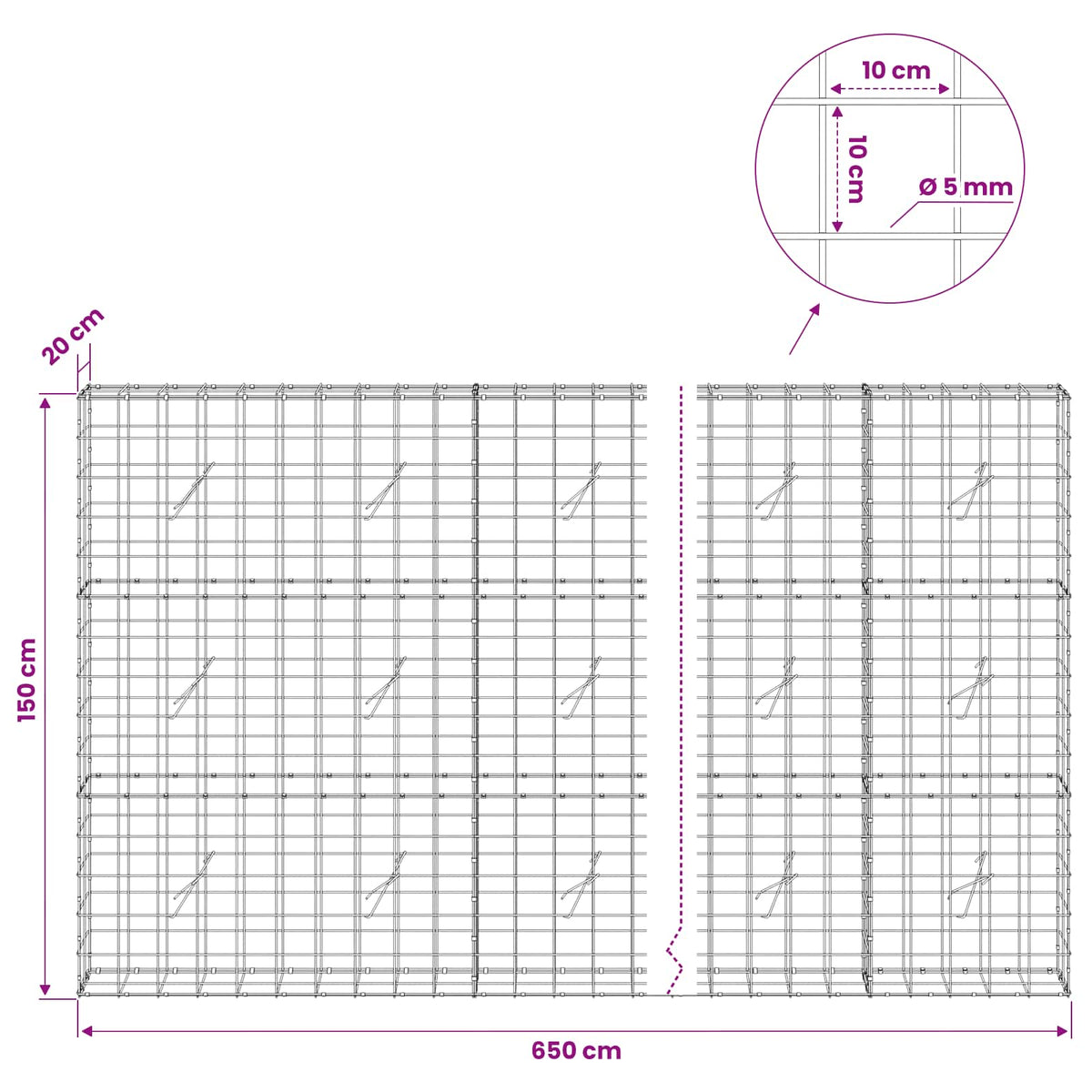 Gabionas su 5 mm viela ir 10x10 cm tinkleliu 650x20x150 cm