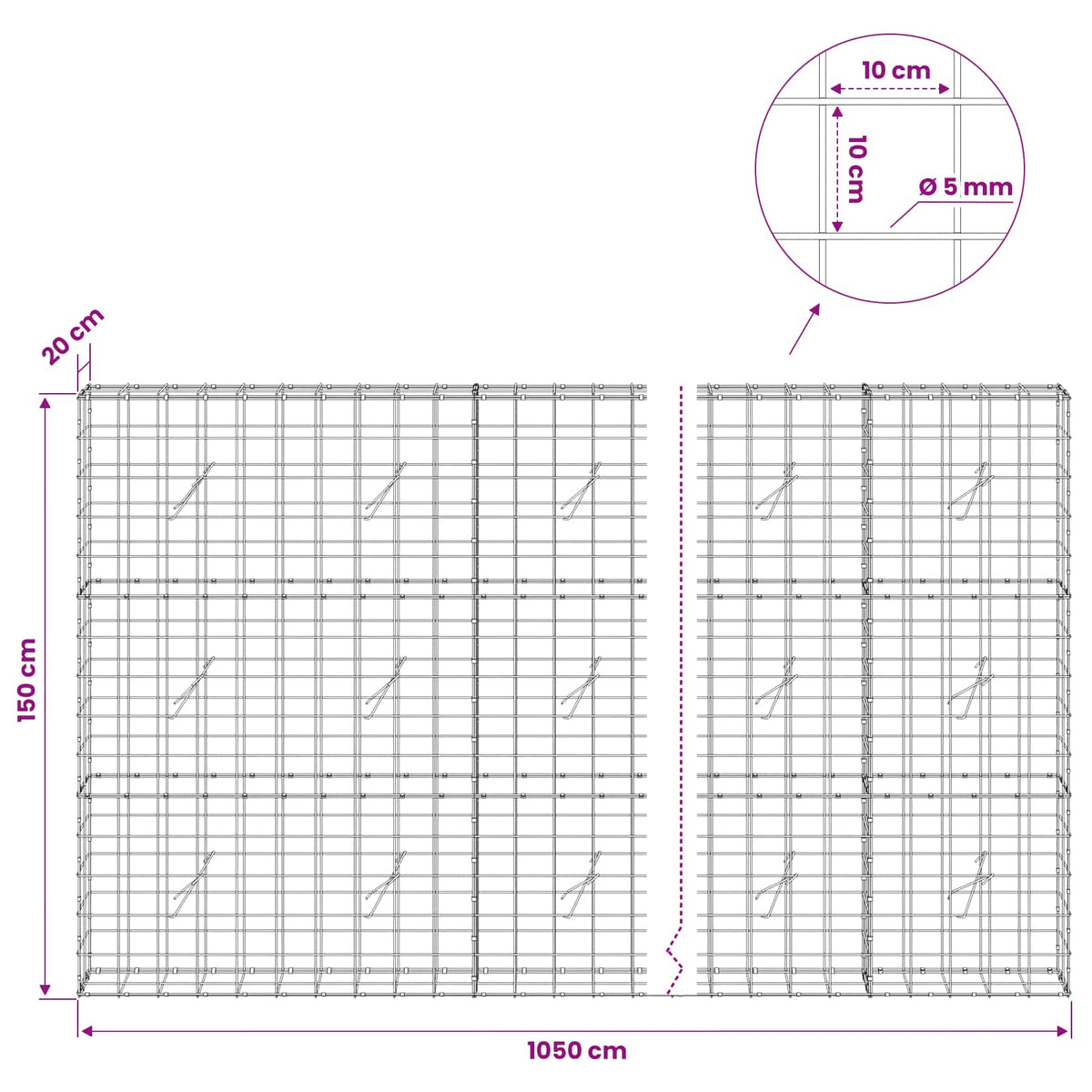 Gabionas su 5 mm viela ir 10x10 cm tinkleliu 1050x20x150 cm