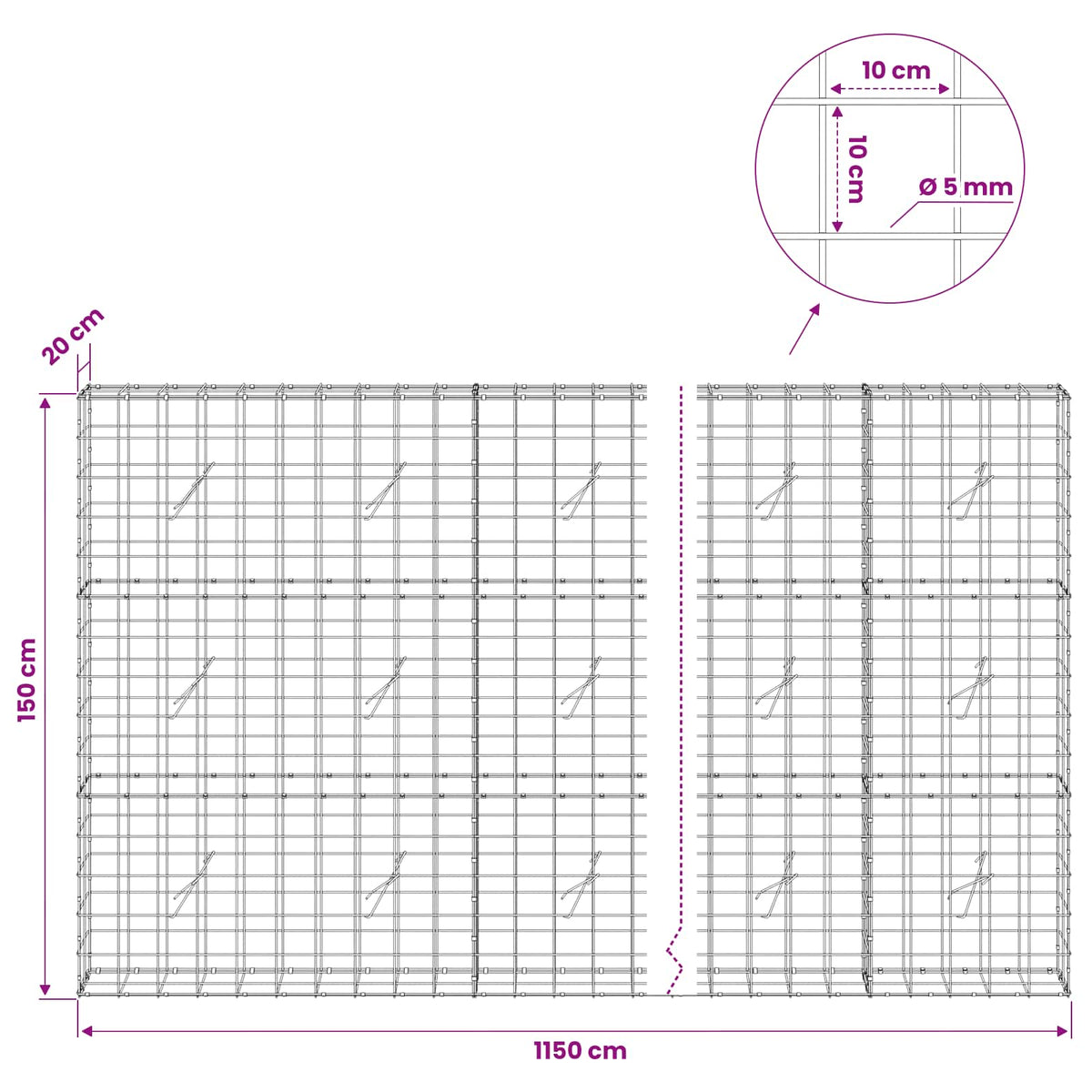 Gabionas su 5 mm viela ir 10x10 cm tinkleliu 1150x20x150 cm