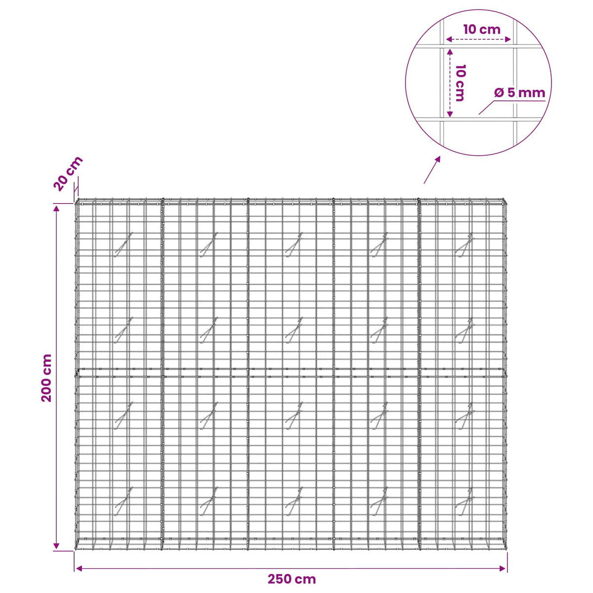 Gabionas su 5 mm viela ir 10x10 cm tinkleliu 250x20x200 cm
