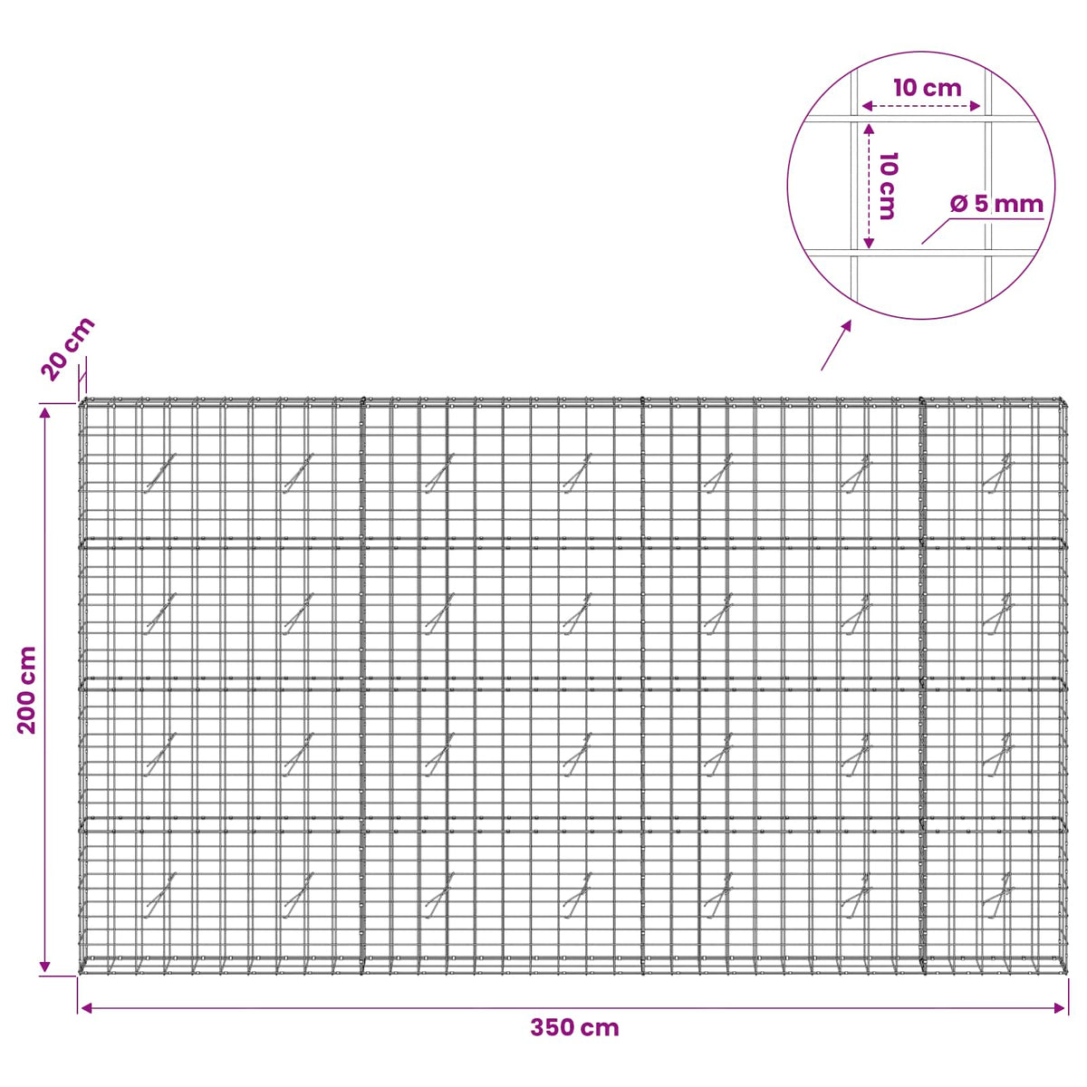 Gabionas su 5 mm viela ir 10x10 cm tinkleliu 350x20x200 cm
