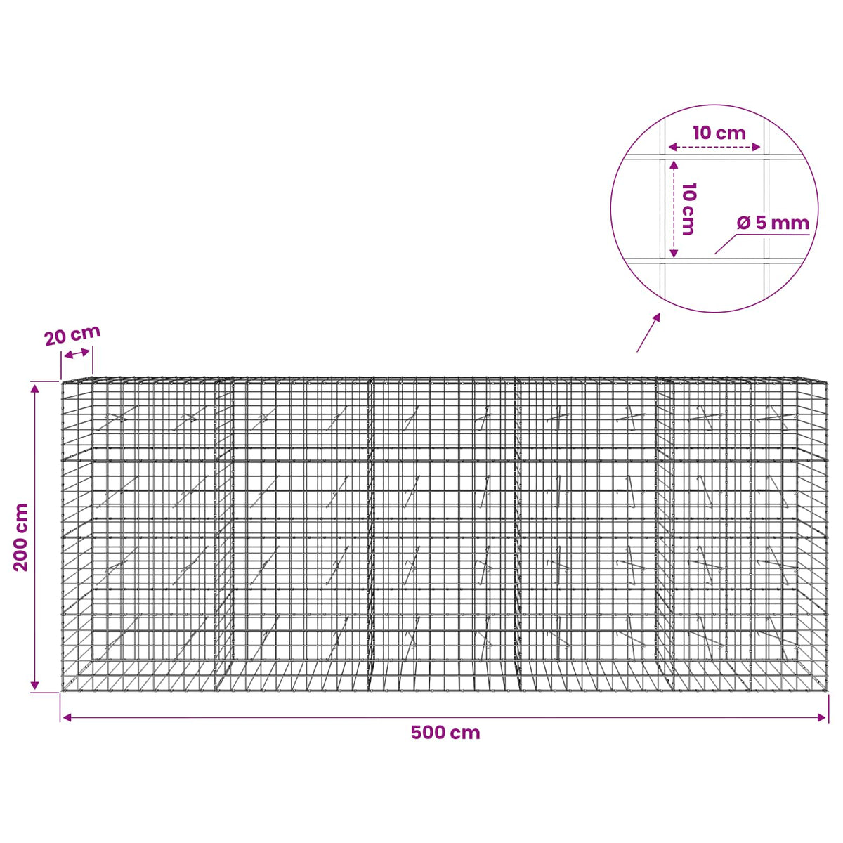 Gabionas su 5 mm viela ir 10x10 cm tinkleliu 500x20x200 cm