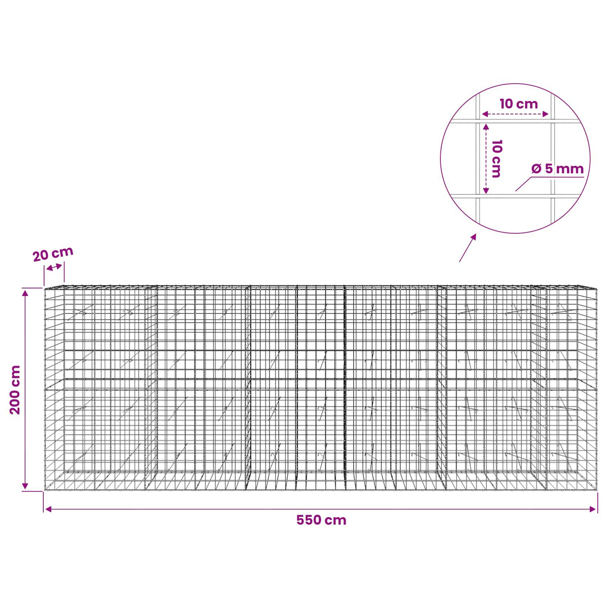 Gabionas su 5 mm viela ir 10x10 cm tinkleliu 550x20x200 cm