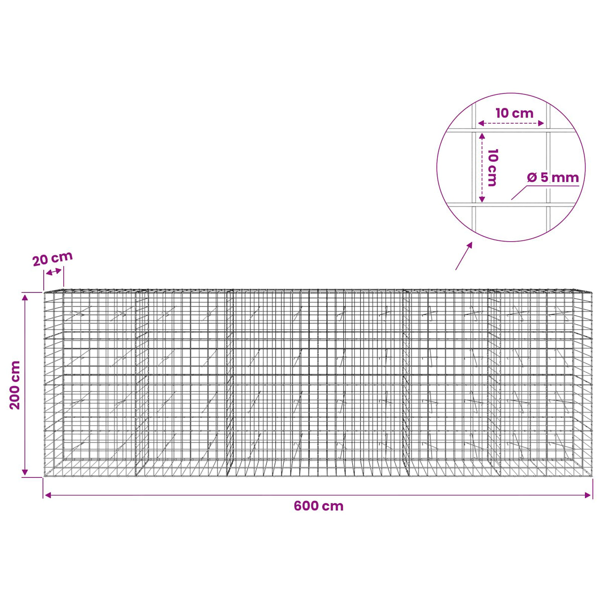 Gabionas su 5 mm viela ir 10x10 cm tinkleliu 600x20x200 cm