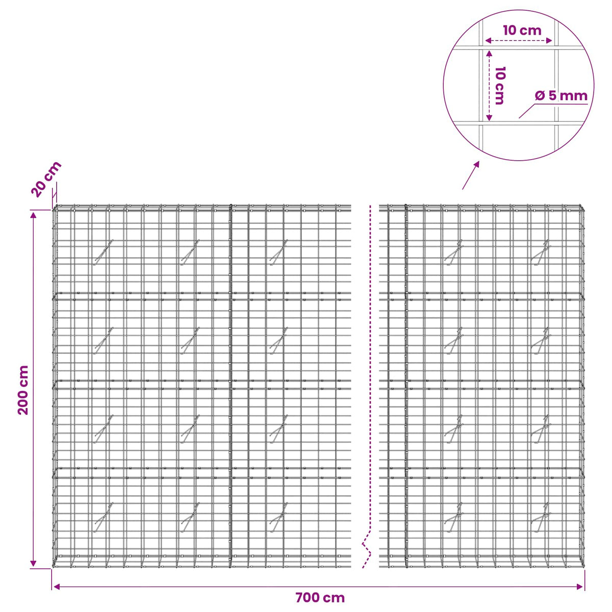 Gabionas su 5 mm viela ir 10x10 cm tinkleliu 700x20x200 cm
