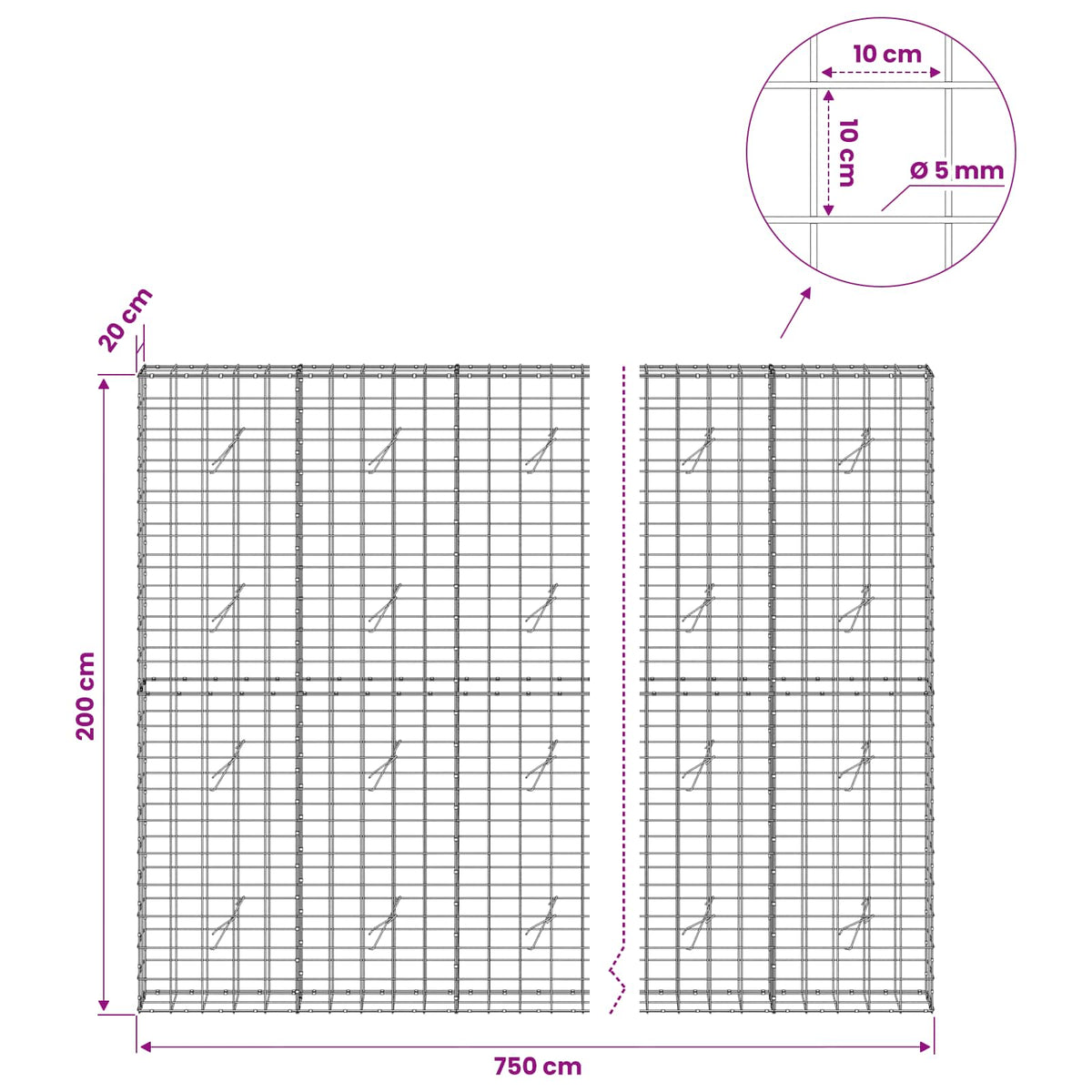 Gabionas su 5 mm viela ir 10x10 cm tinkleliu 750x20x200 cm