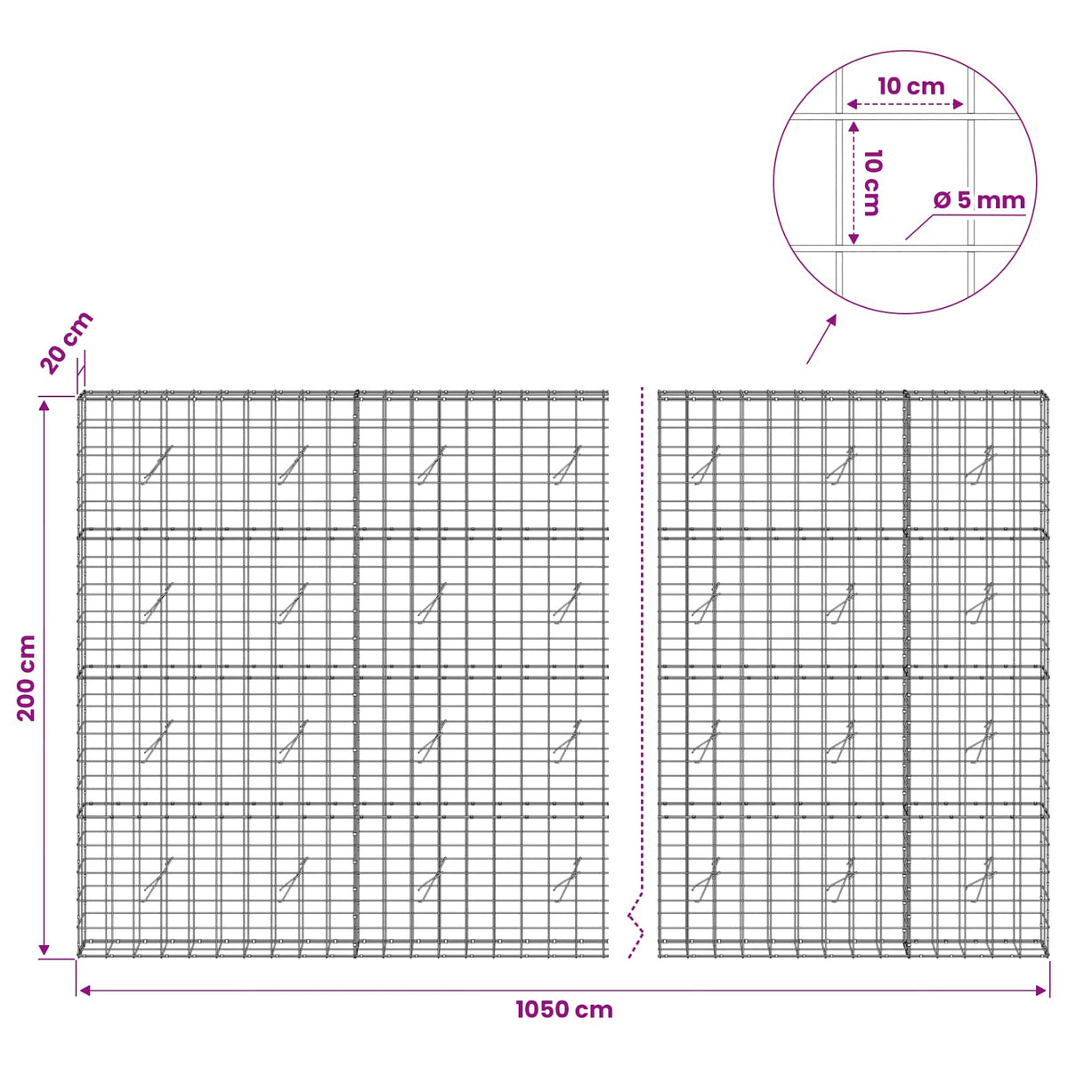 Gabionas su 5 mm viela ir 10x10 cm tinkleliu 1050x20x200 cm