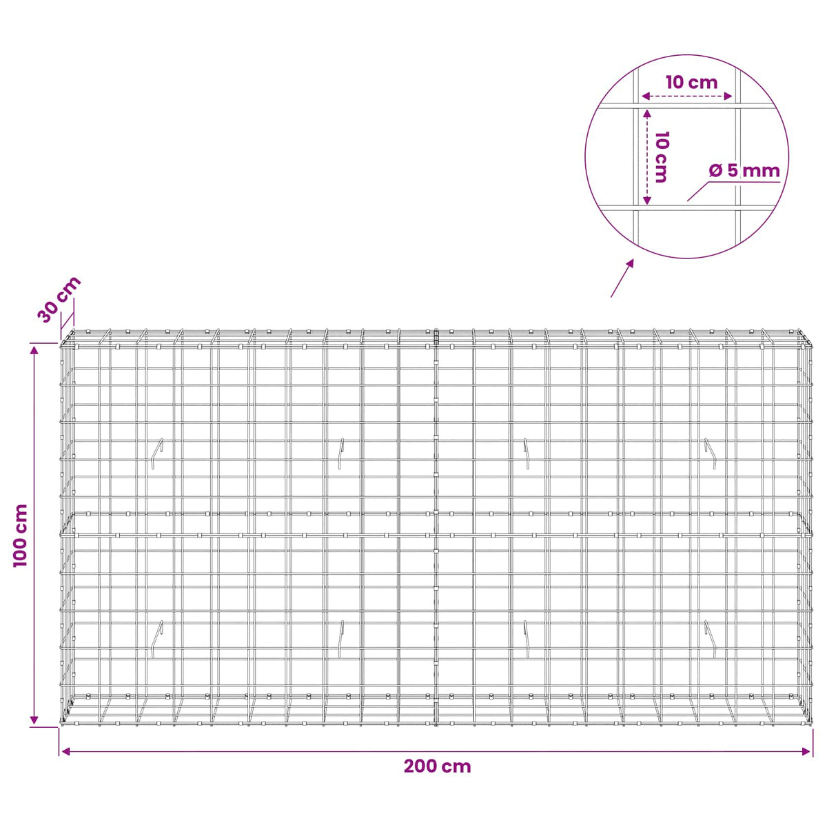 Gabionas su 5 mm viela ir 10x10 cm tinkleliu 200x30x100 cm