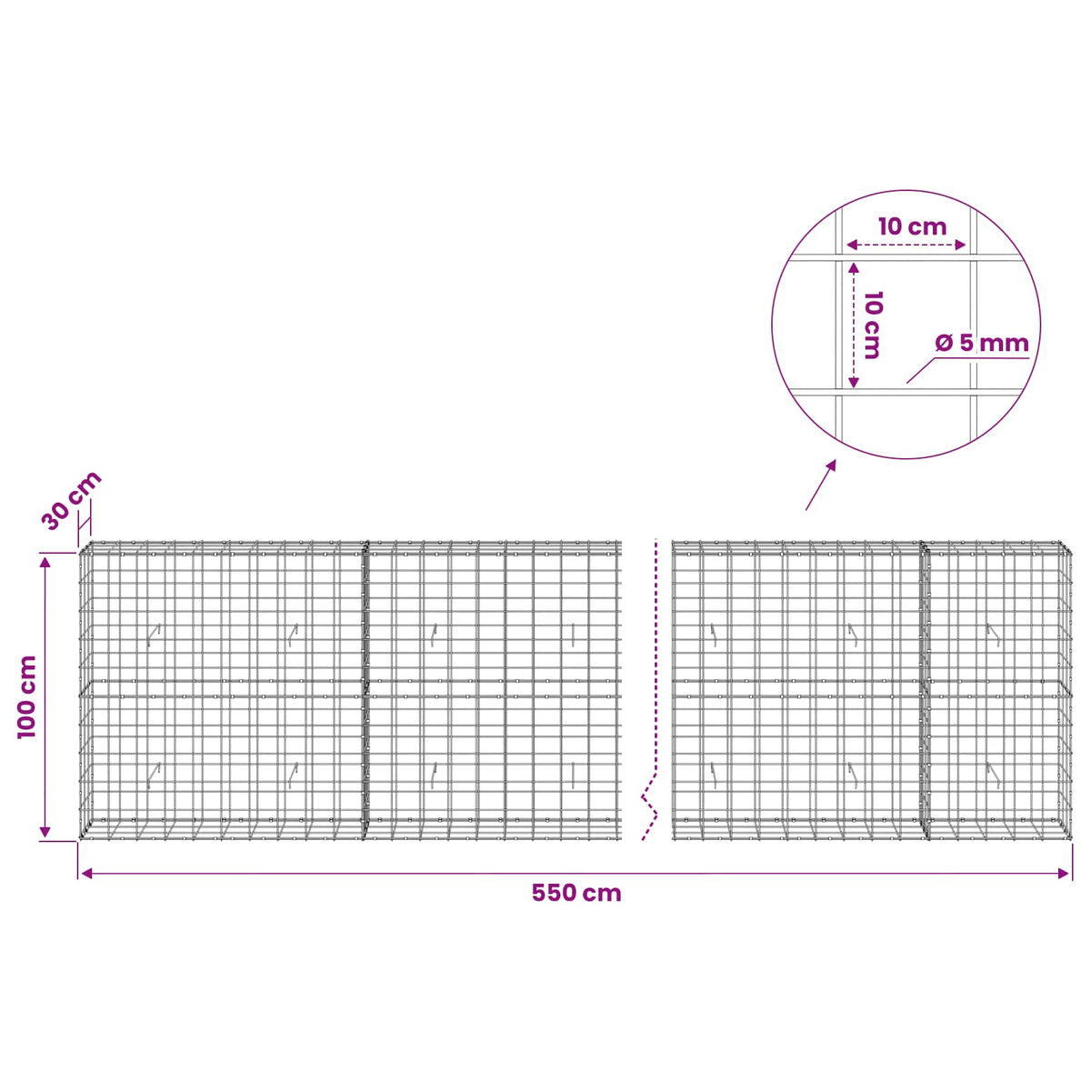 Gabionas su 5 mm viela ir 10x10 cm tinkleliu 550x30x100 cm