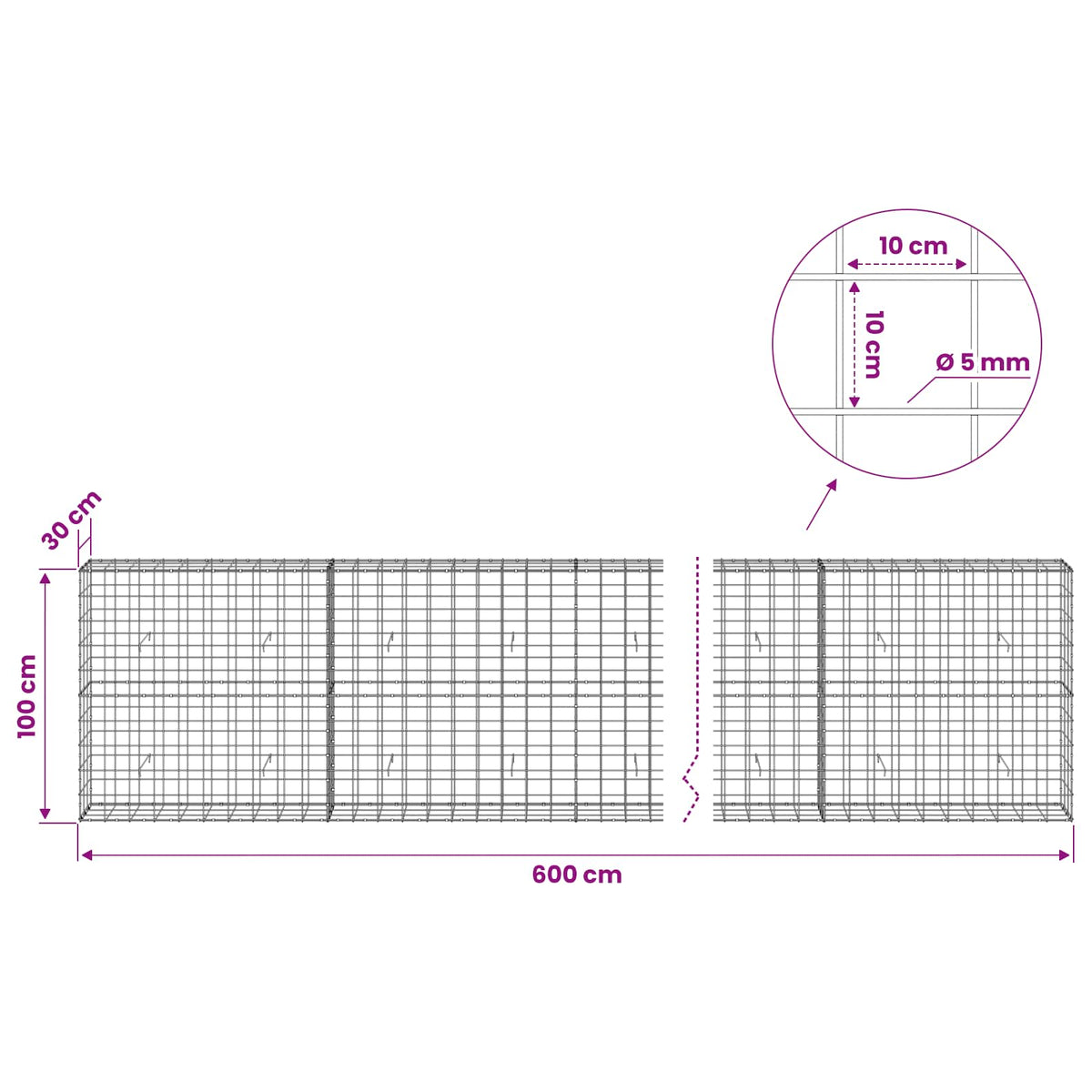 Gabionas su 5 mm viela ir 10x10 cm tinkleliu 600x30x100 cm