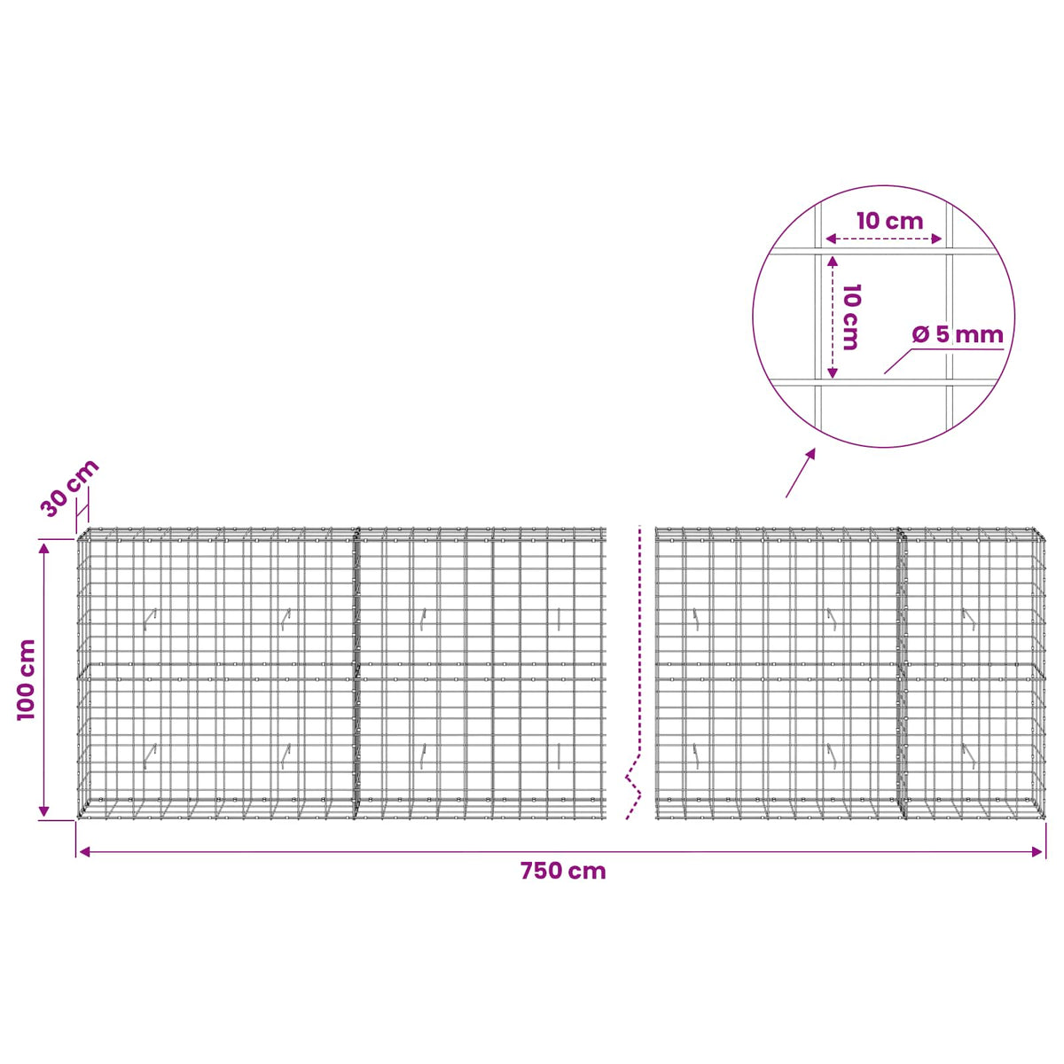 Gabionas su 5 mm viela ir 10x10 cm tinkleliu 750x30x100 cm