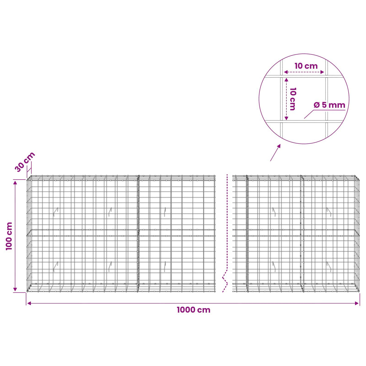 Gabionas su 5 mm viela ir 10x10 cm tinkleliu 1000x30x100 cm