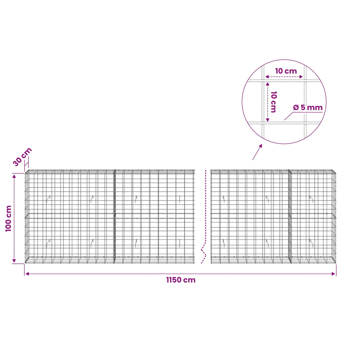 Gabionas su 5 mm viela ir 10x10 cm tinkleliu 1150x30x100 cm