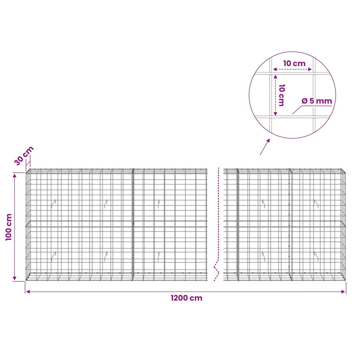 Gabionas su 5 mm viela ir 10x10 cm tinkleliu 1200x30x100 cm