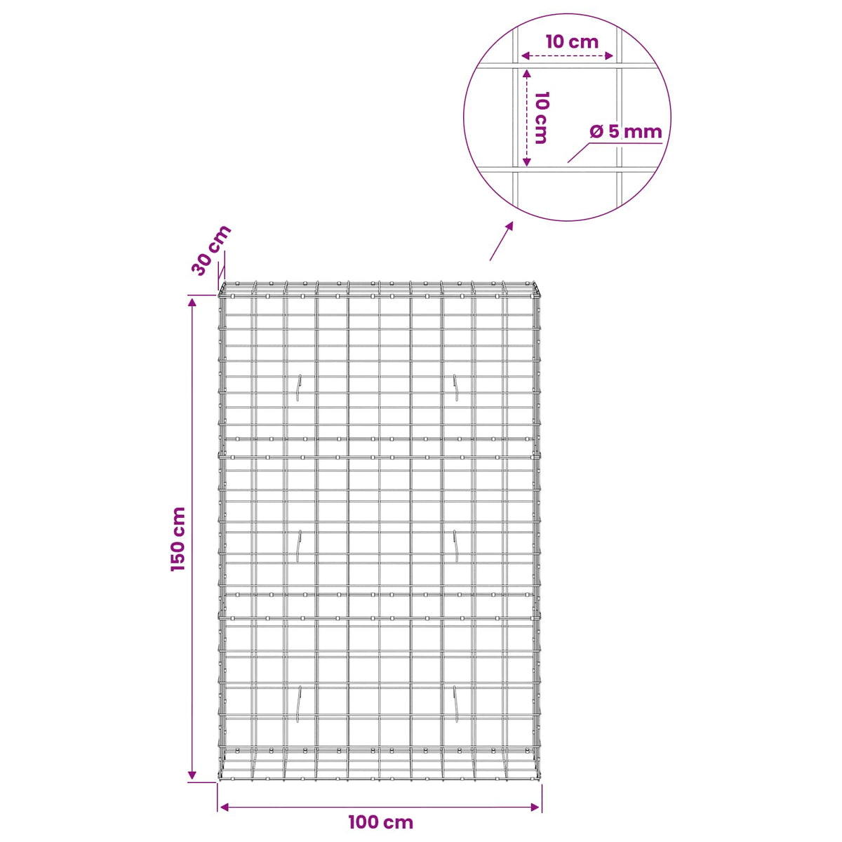 Gabionas su 5 mm viela ir 10x10 cm tinkleliu 100x30x150 cm